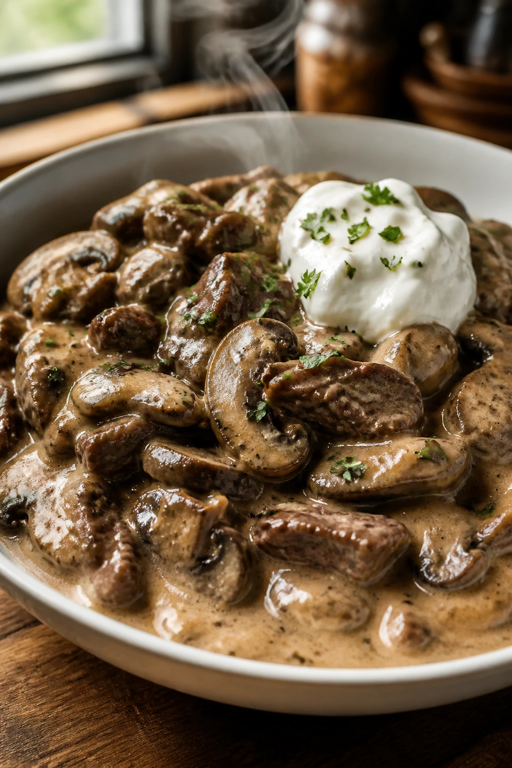 Close-up of creamy beef stroganoff with mushrooms in a rustic bowl