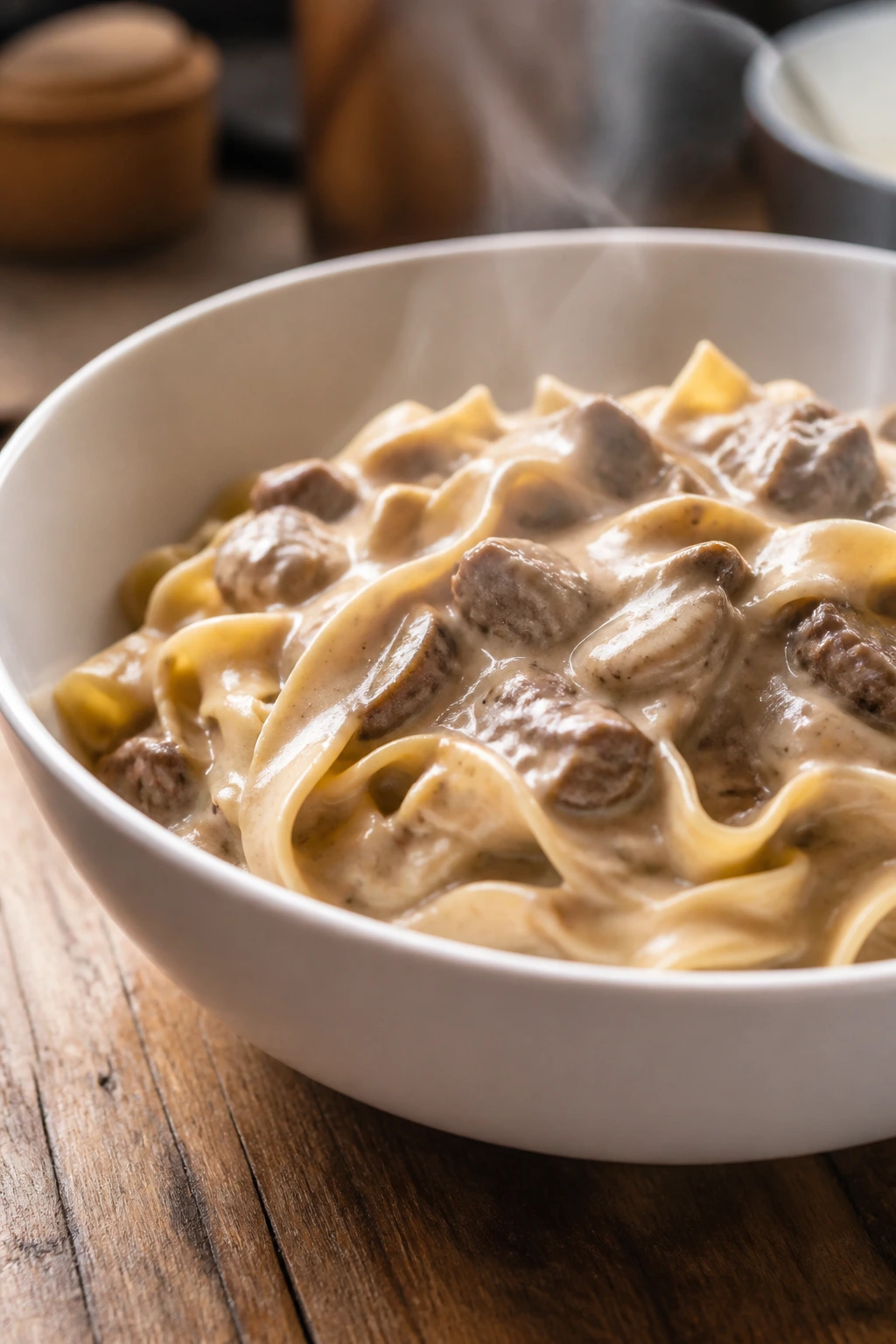 Creamy beef stroganoff in a bowl on a rustic table