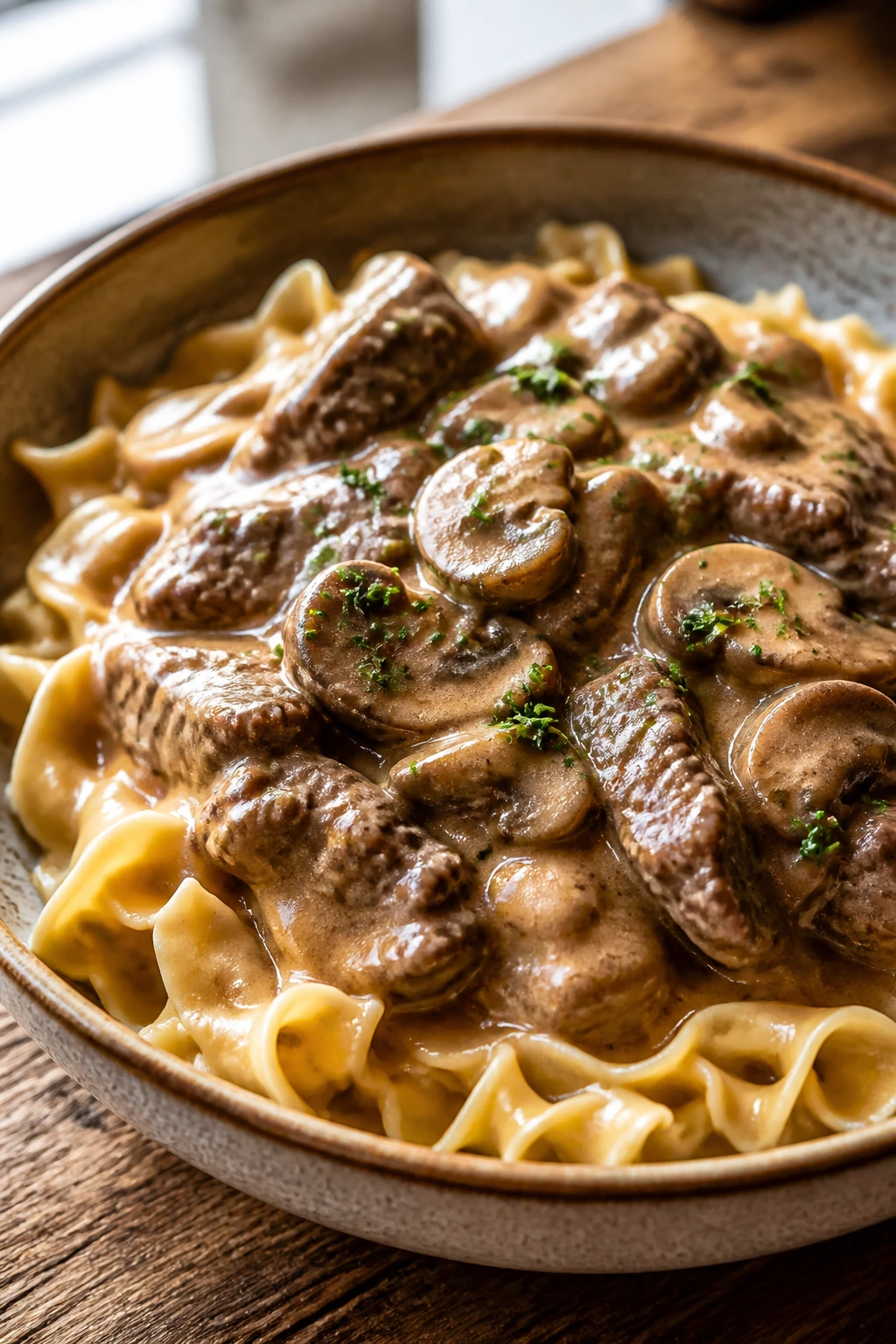 Beef stroganoff with creamy mushroom sauce over noodles in a bowl