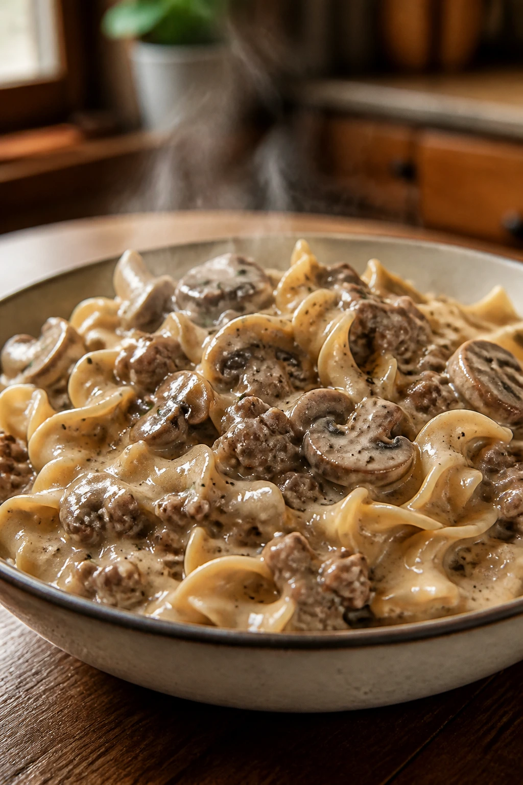 Close-up of creamy beef stroganoff noodles in a bowl with mushroom sauce