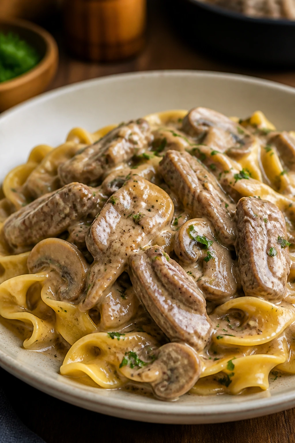 Beef Stroganoff with mushrooms over egg noodles in creamy sauce