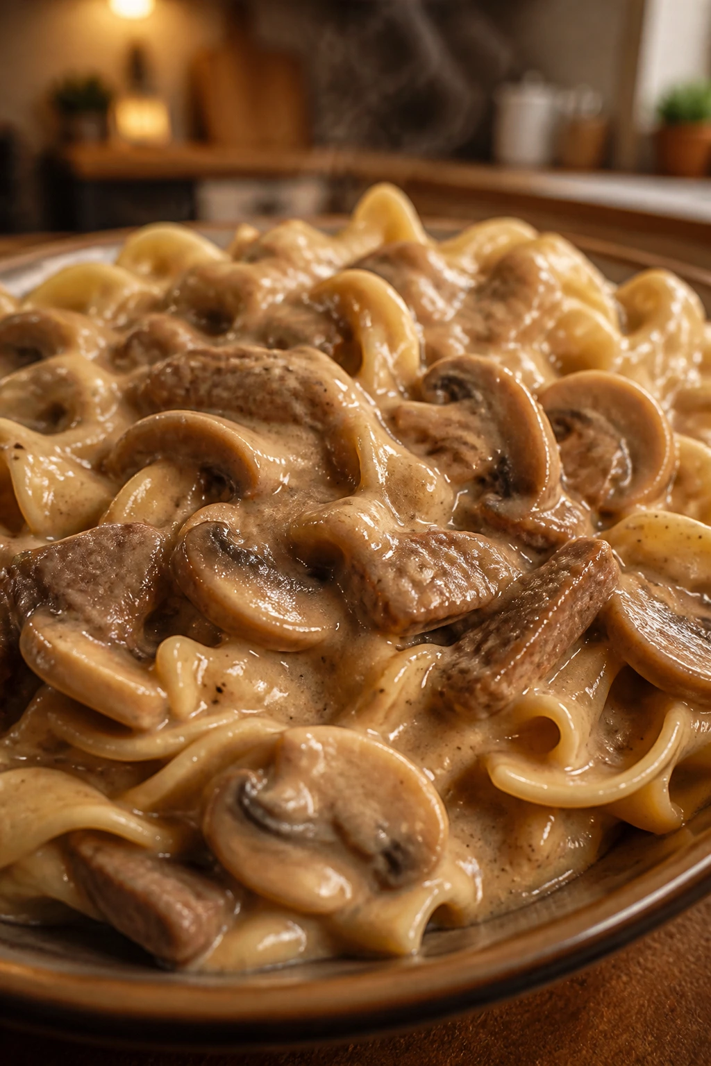 Close-up of beef stroganoff with noodles and mushrooms in creamy sauce
