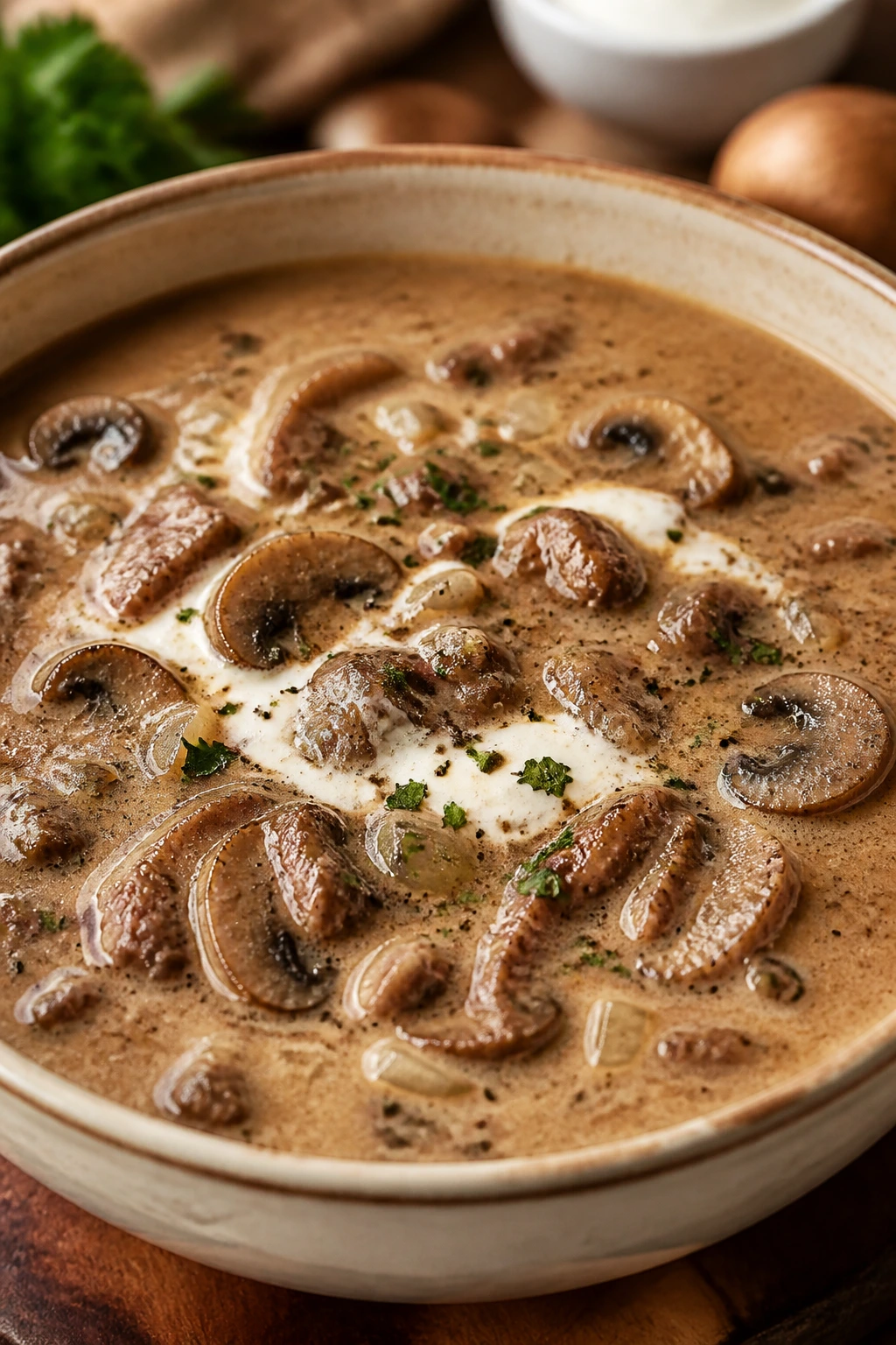 Creamy beef stroganoff soup with mushrooms in a bowl on a kitchen counter.