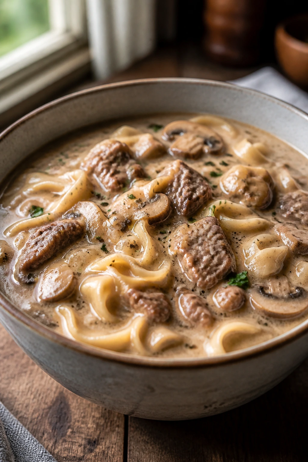 Close-up of steaming beef stroganoff soup with beef, mushrooms, and noodles in a creamy broth