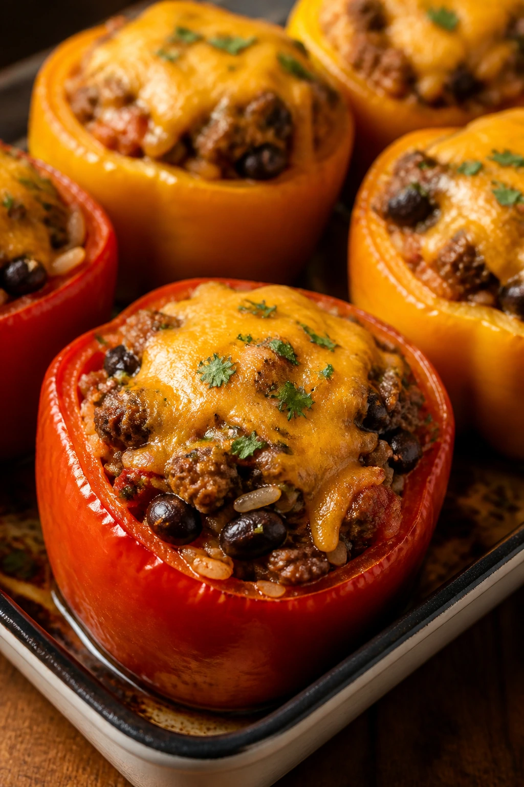 Halved stuffed peppers filled with beef, beans, and rice with melted cheddar.