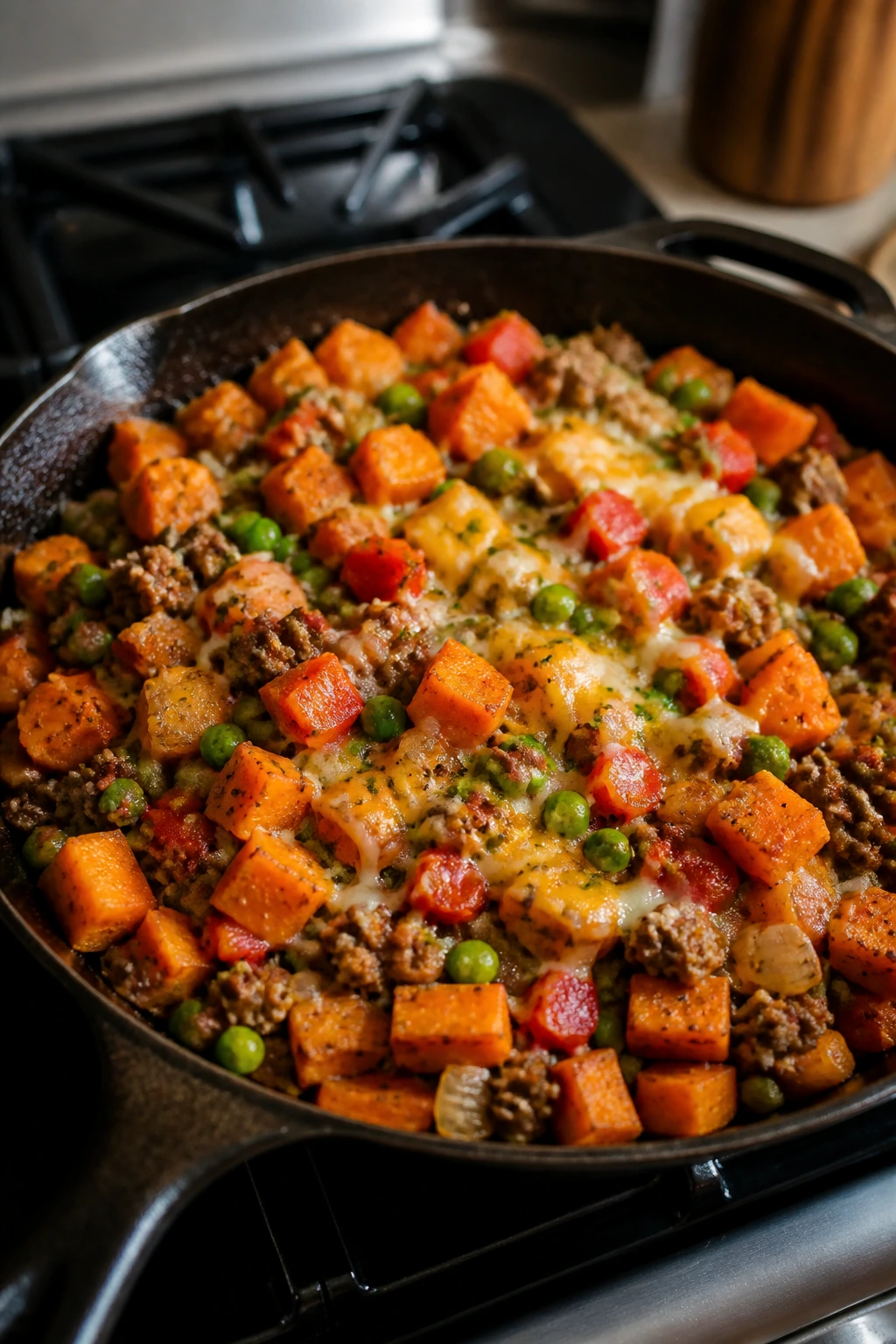 Beef and sweet potato skillet with peas