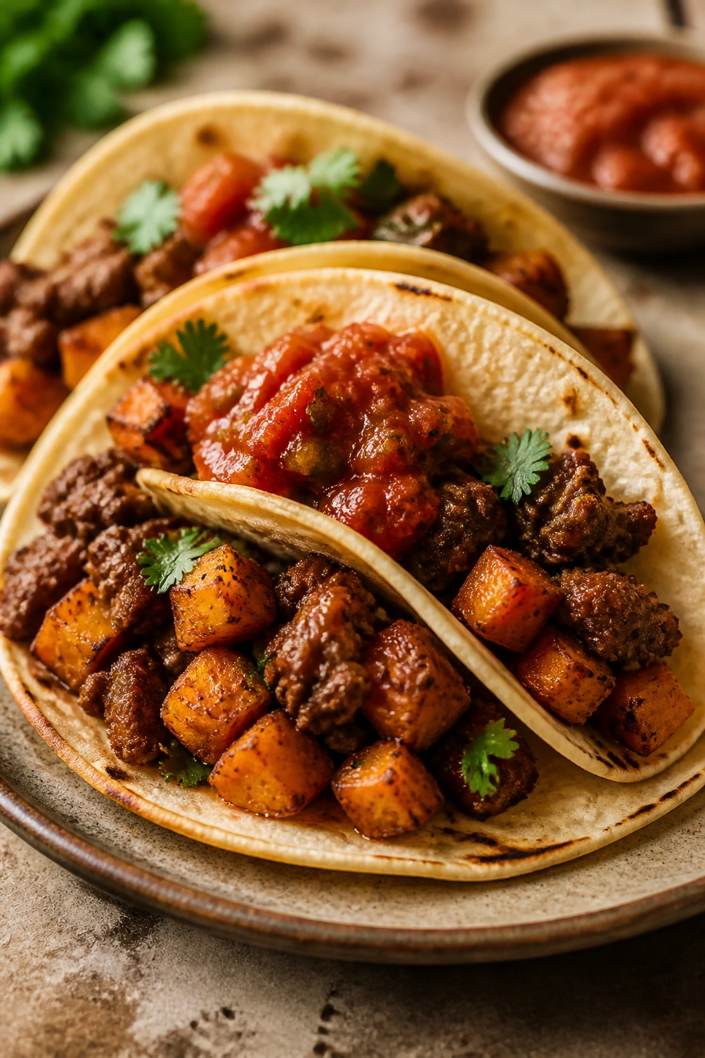 Beef and sweet potato tacos on a rustic plate