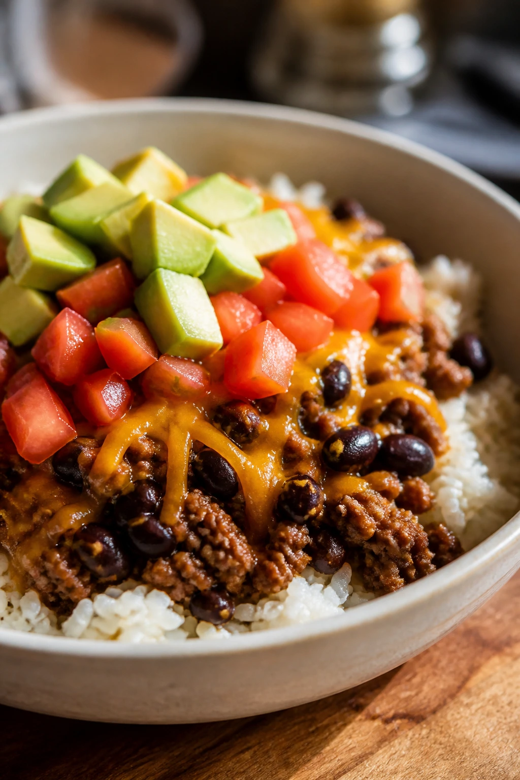 Bowl of beef taco bowls with rice, beans, and cheese