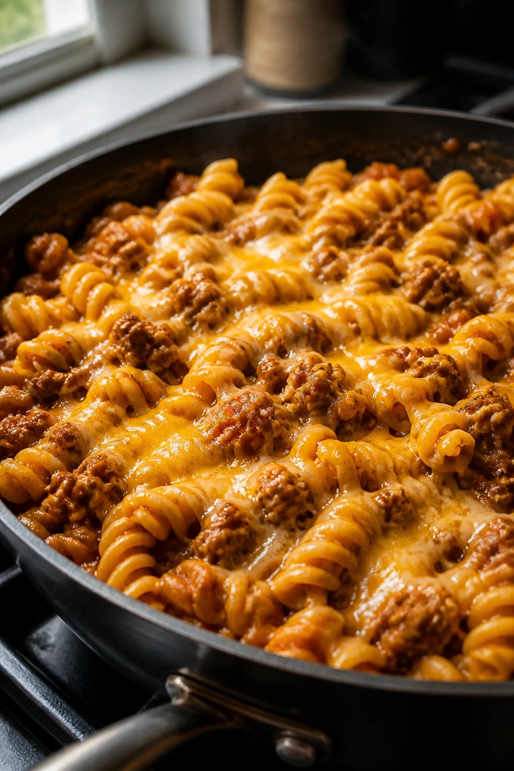 Close-up of beef taco pasta in a skillet with saucy texture and melted cheese.