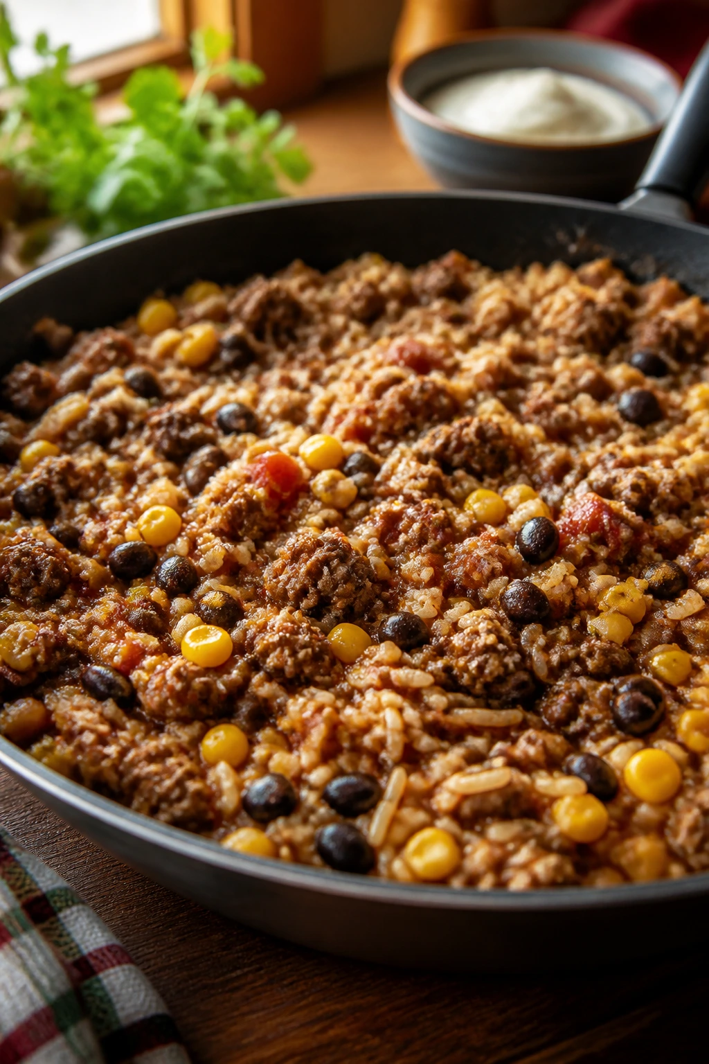 Skillet filled with beef, rice, black beans and corn in a spiced sauce