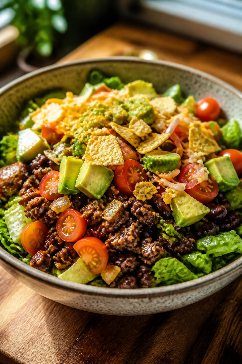 Close-up of a beef taco salad bowl with lettuce, beans, tomatoes, avocado and tortilla chips