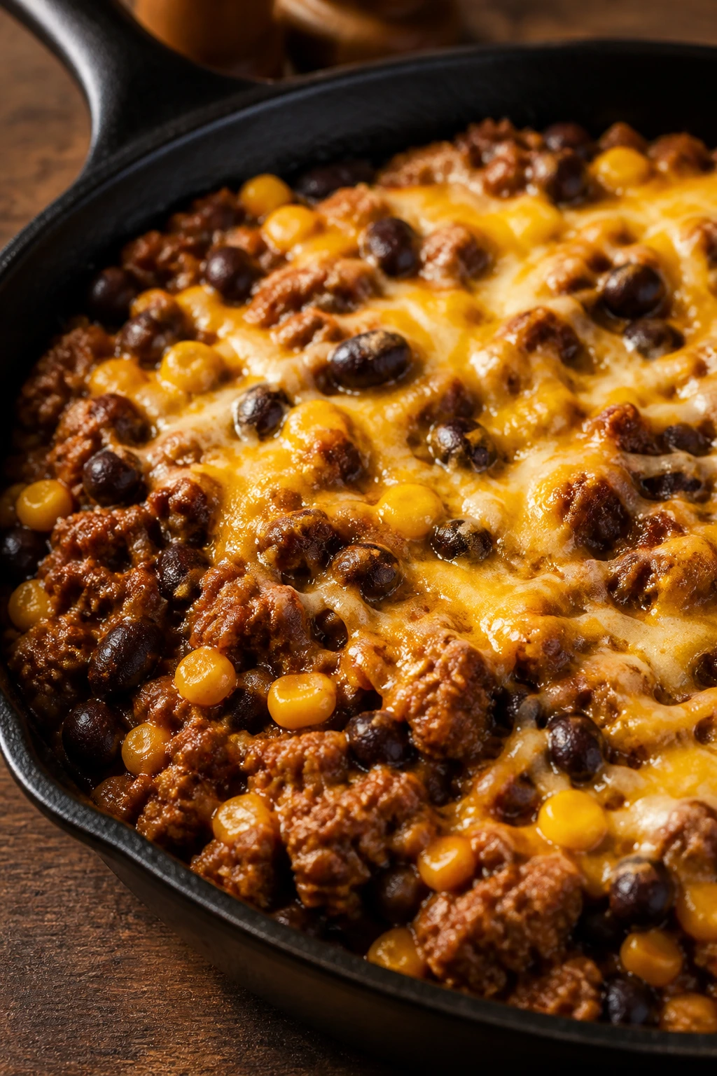 Close-up of Beef Taco Skillet with beef, corn, beans and melted cheddar