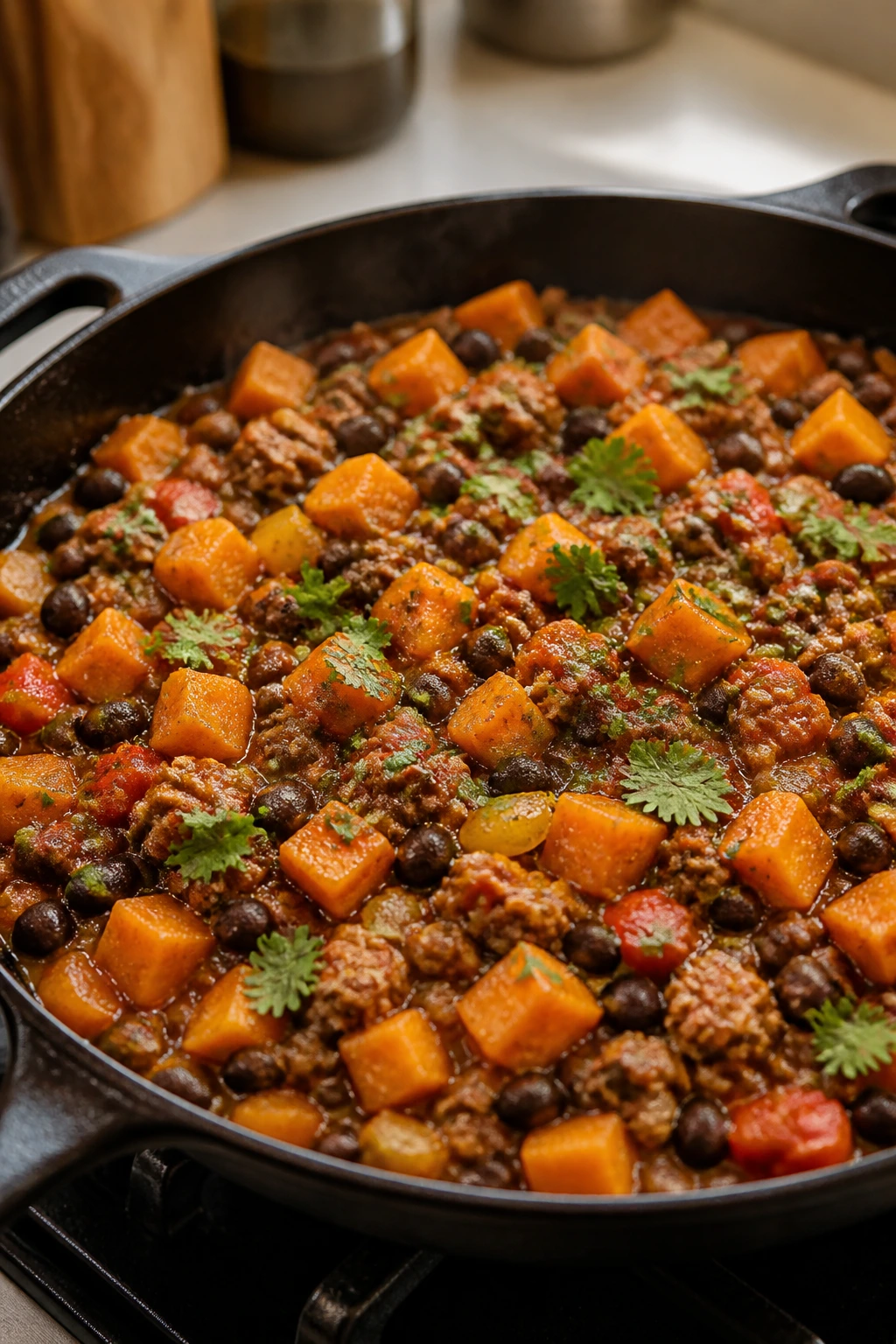 Skillet with beef, black beans, and sweet potato in sauce