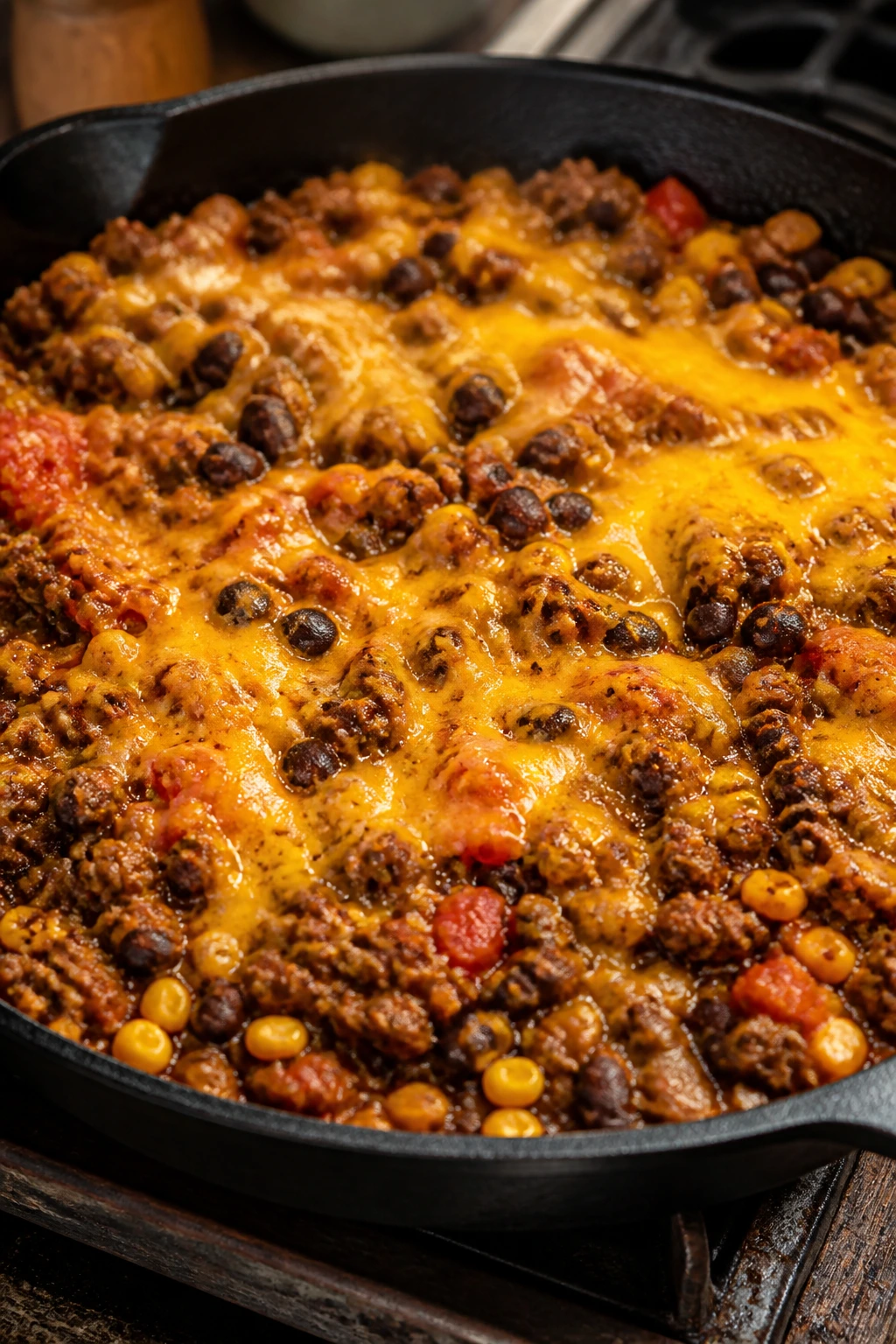 Close-up of beef and bean taco skillet with melted cheddar