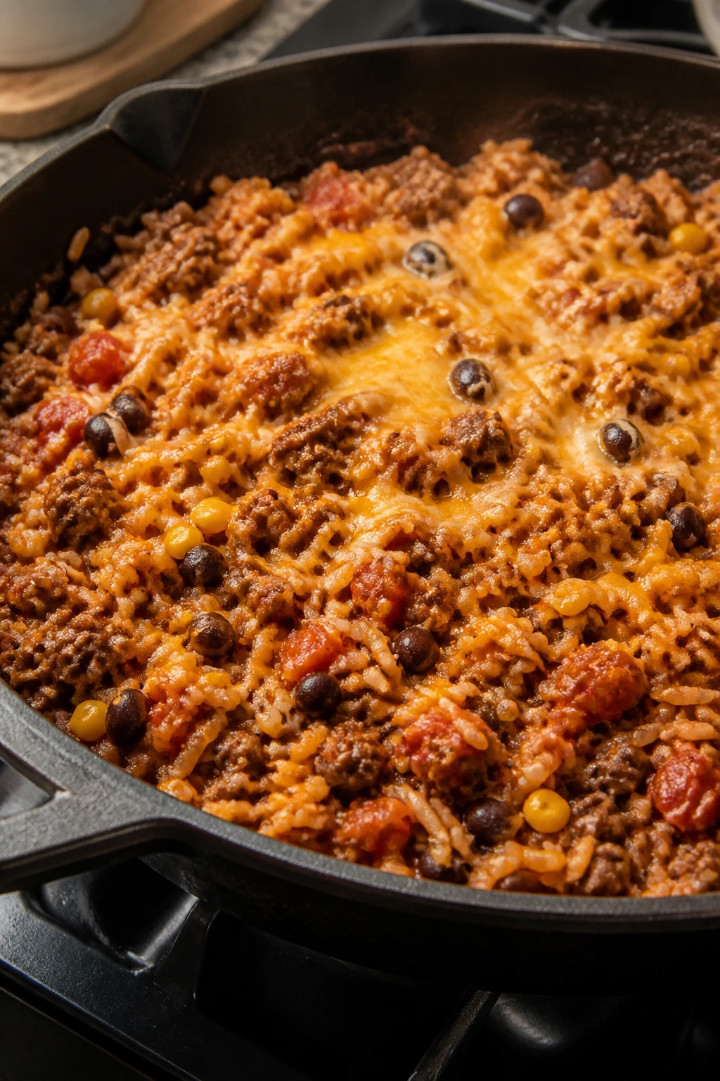 Beef taco skillet with rice in a pan