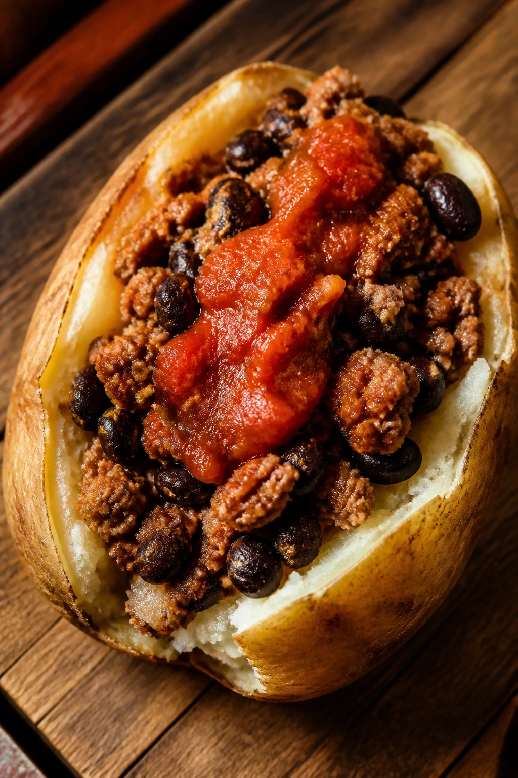Russet potato stuffed with taco beef and beans