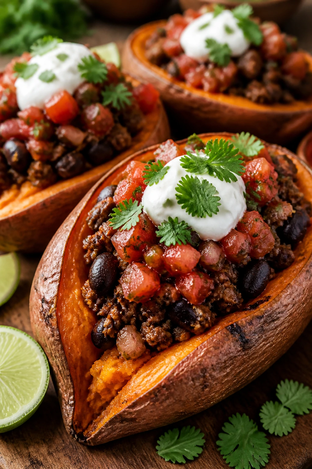 Close-up of stuffed sweet potatoes with beef taco filling and yogurt