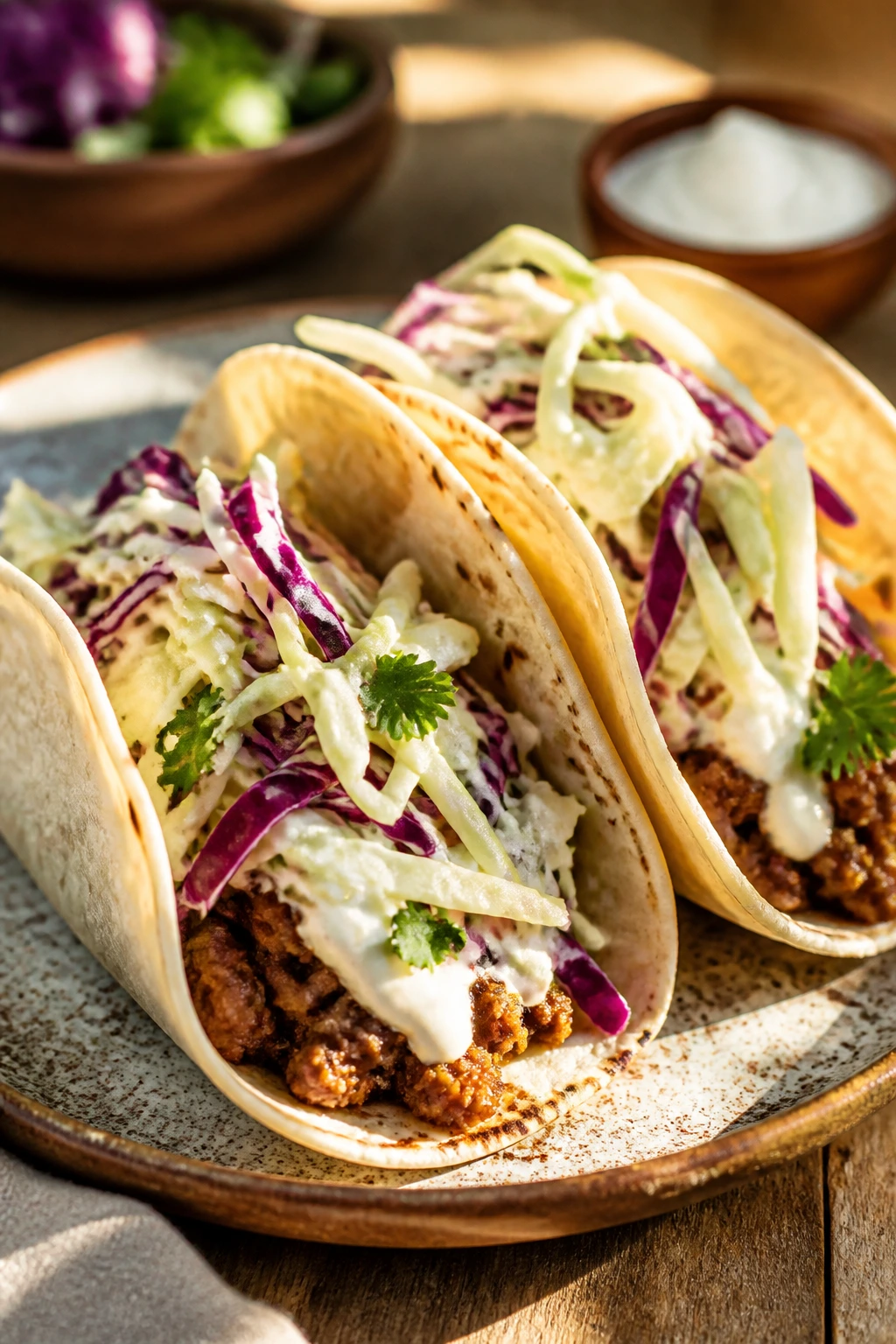 Beef tacos with crisp cabbage slaw on rustic plate