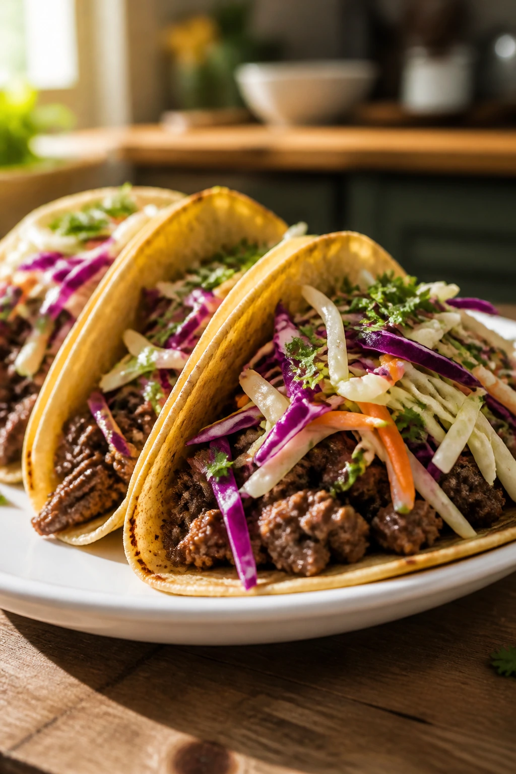 Close-up of beef tacos with crisp cabbage slaw on a rustic wooden table