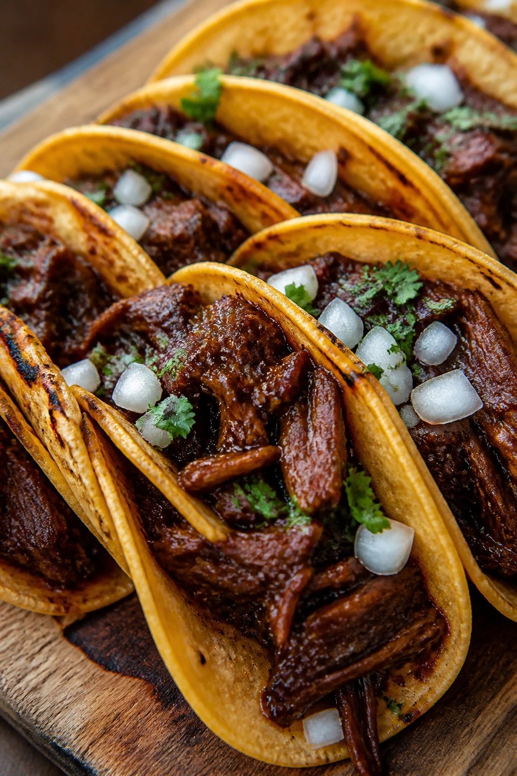 Close-up of coffee-chile braised beef tacos on a rustic wooden board