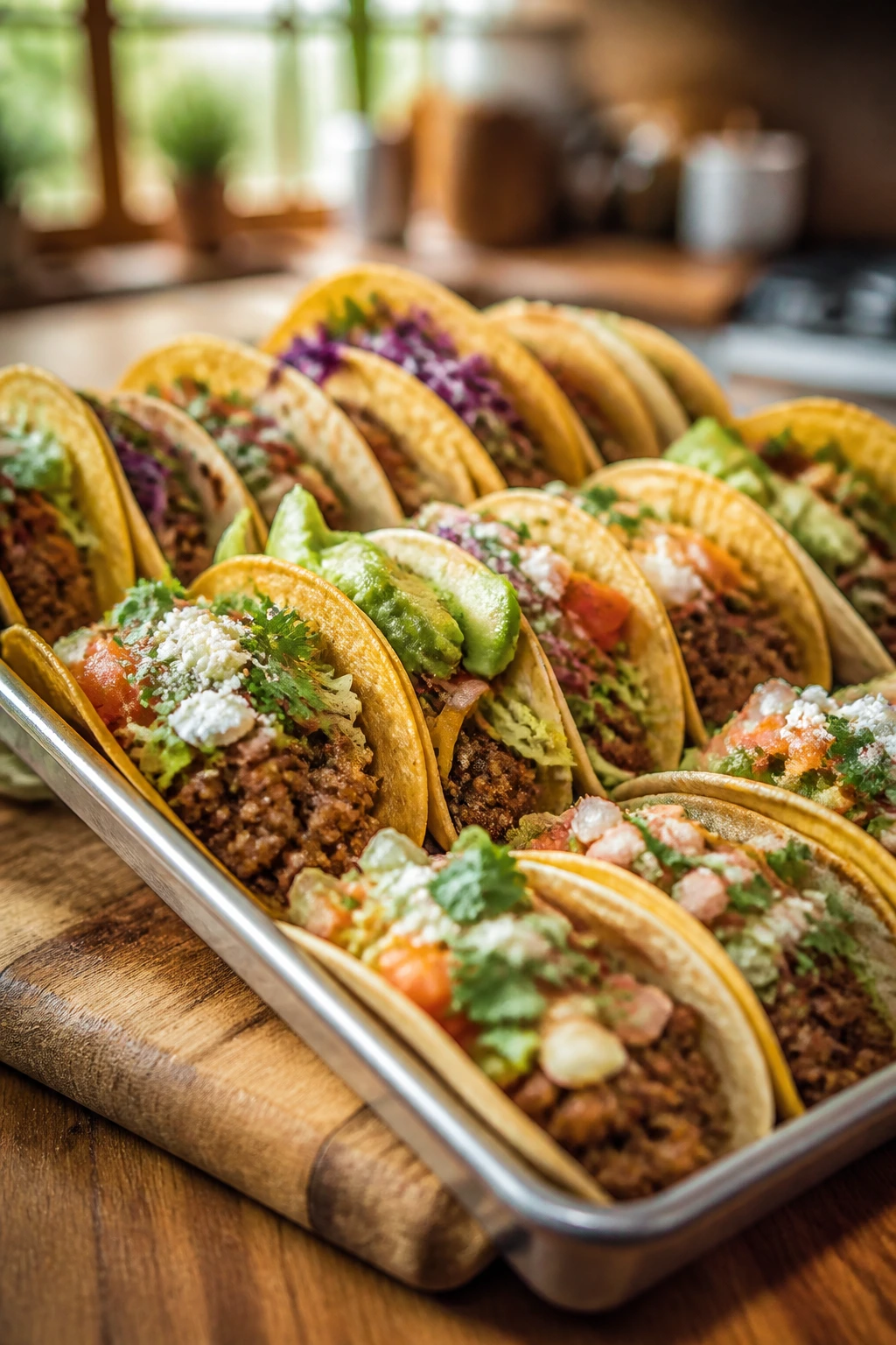Close-up of beef tacos on a rustic board showing crowd-friendly variety