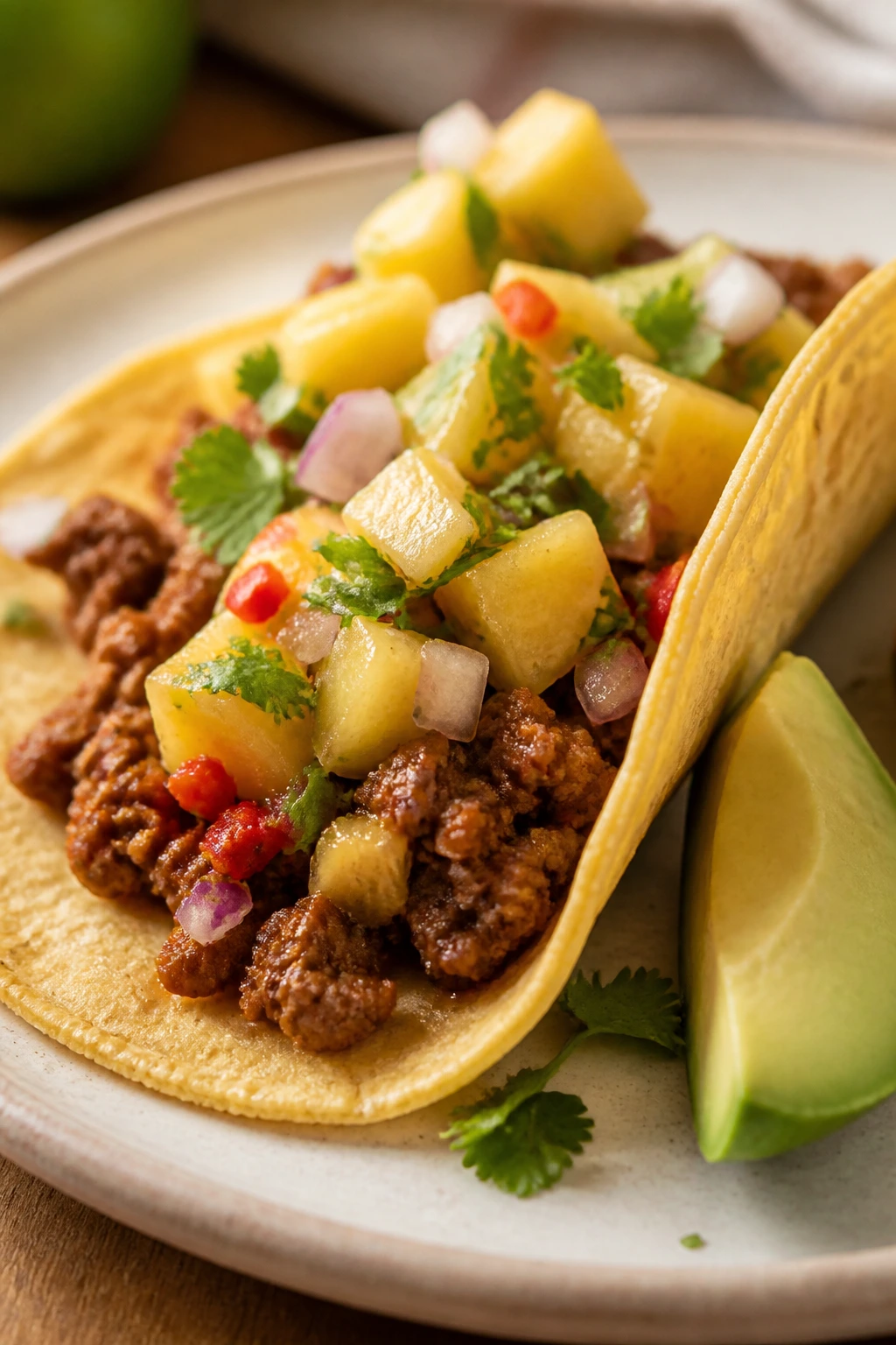 Close-up of chili-lime beef tacos with pineapple salsa on a plate