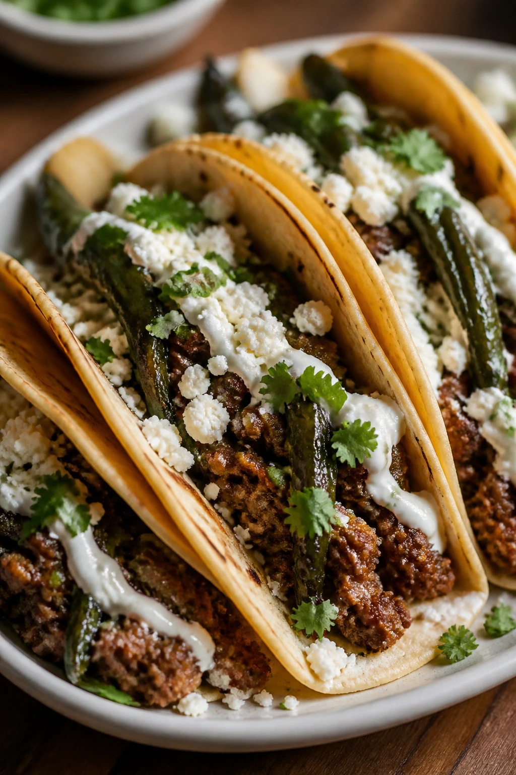 Beef tacos with roasted poblano, crema, and cotija on a warm surface