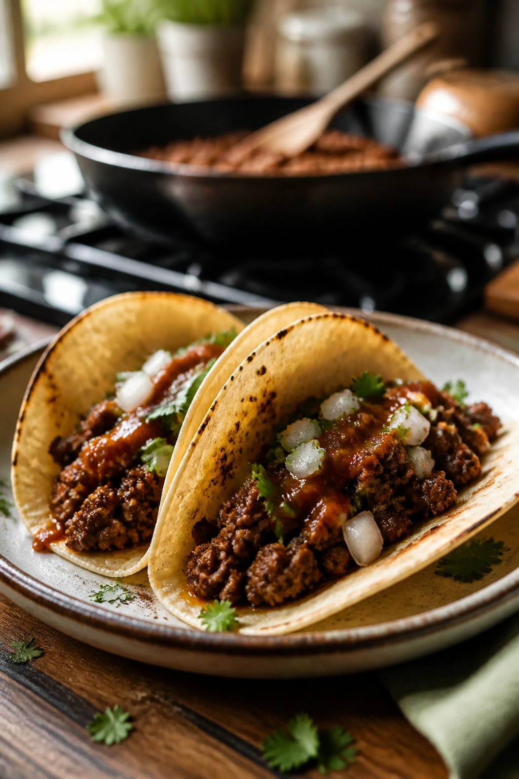 Close-up of beef tacos on a rustic plate in a warm kitchen