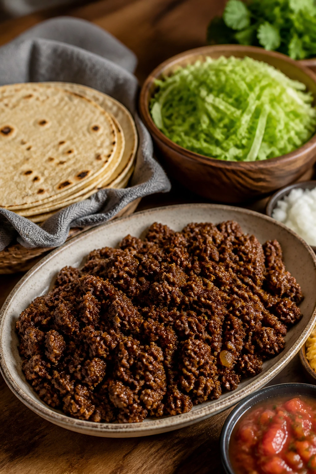 Beef tacos served with warm tortillas and toppings