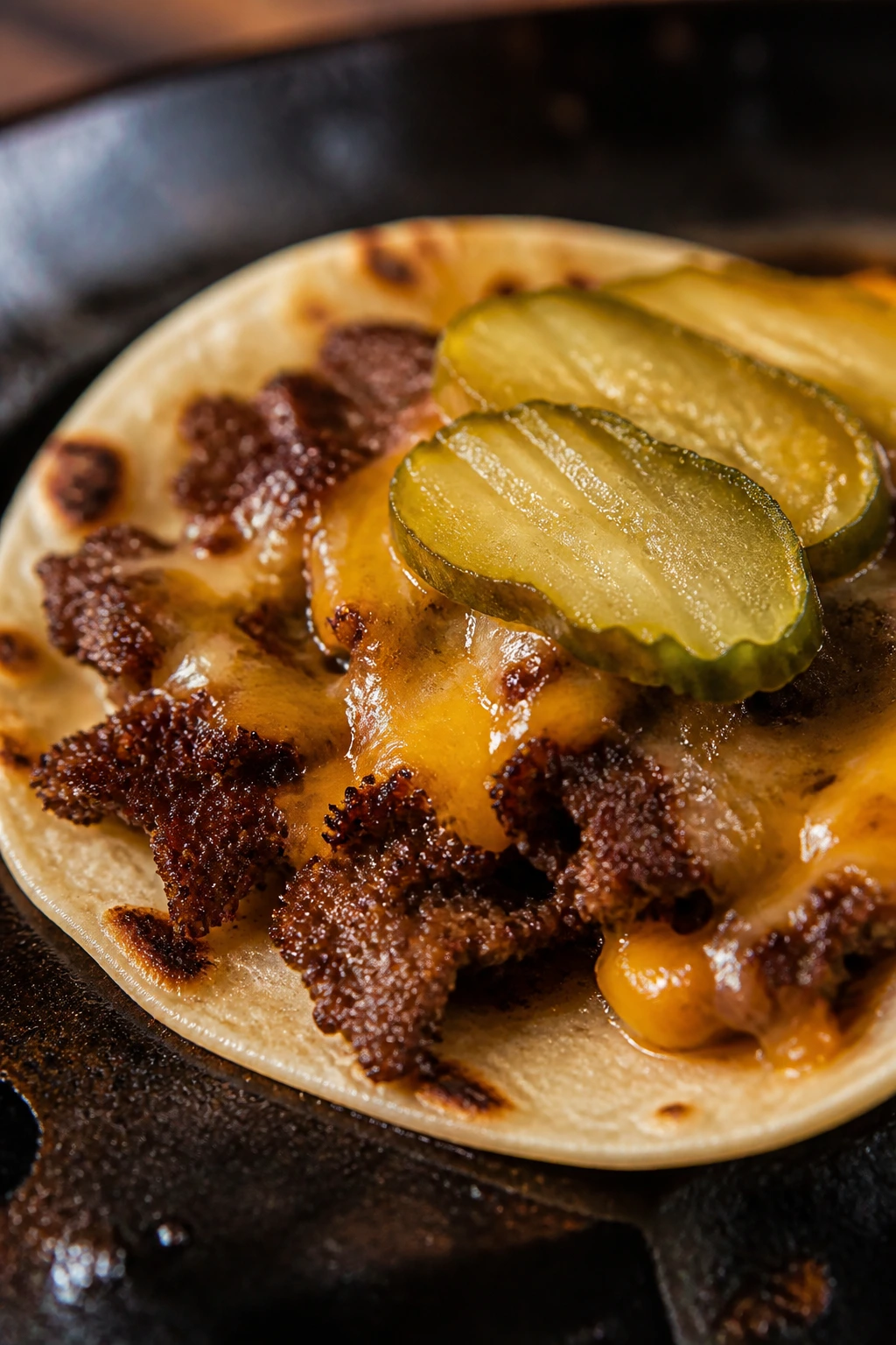Close-up of Smash Burger-Style Beef Taco on hot skillet with melted cheese and pickles