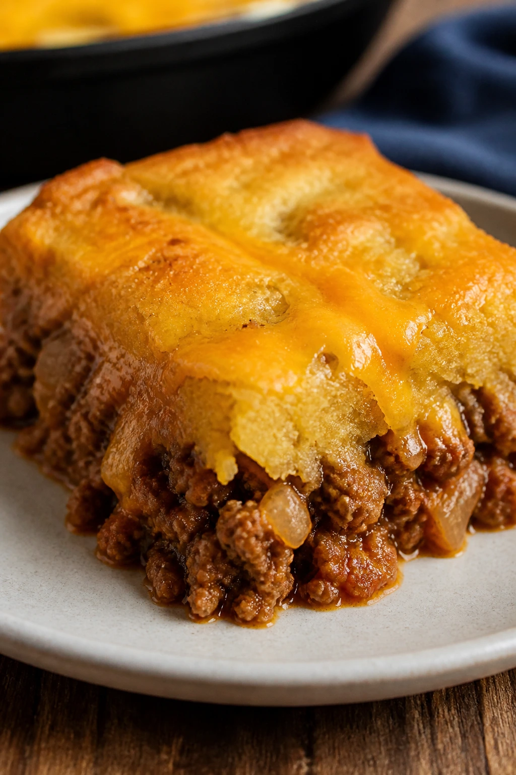 Beef tamale pie slice with golden topping and cheese.