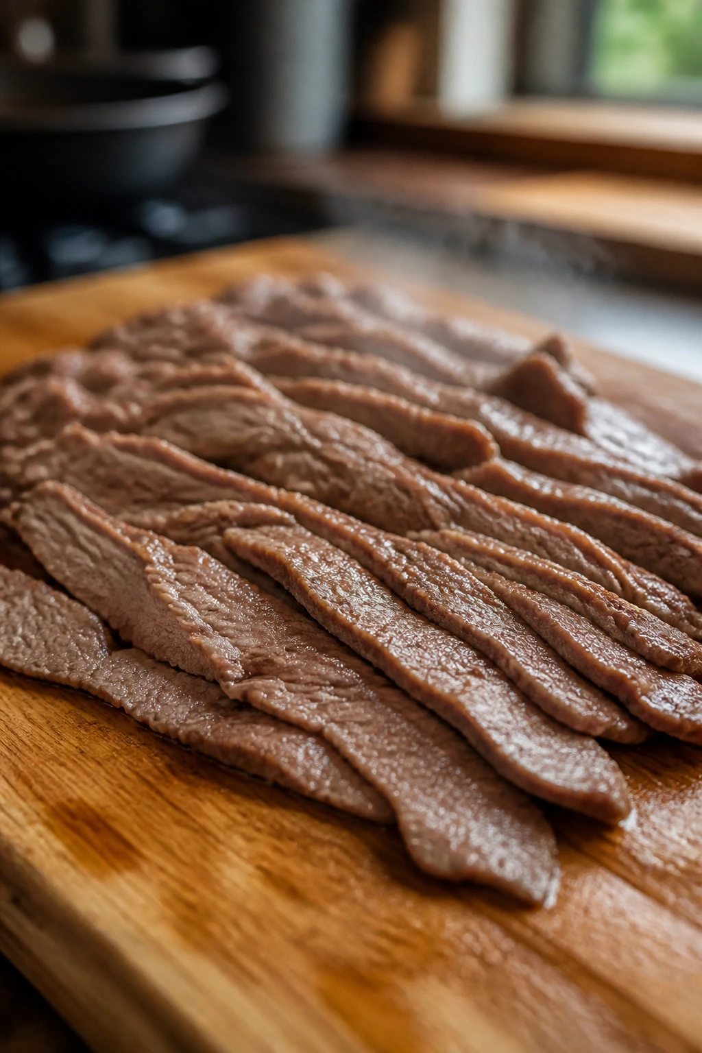 Thin beef slices on cutting board ready for searing to stay tender