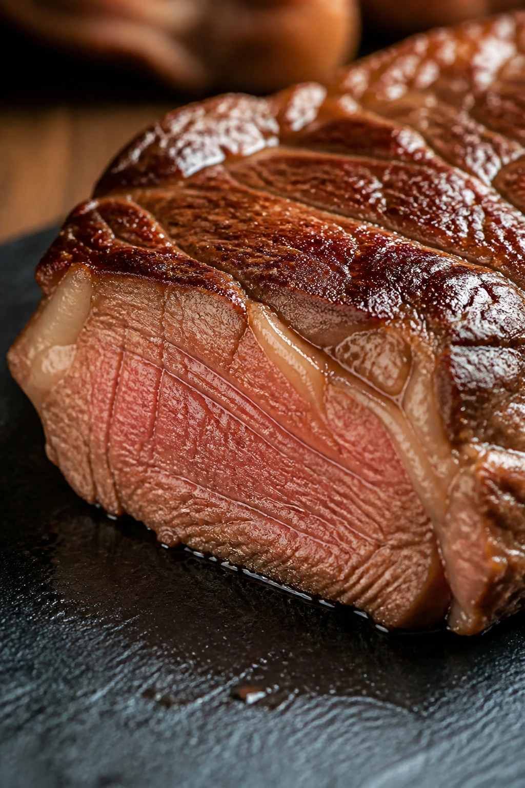 Macro close-up of cooked beef fibers and marbling