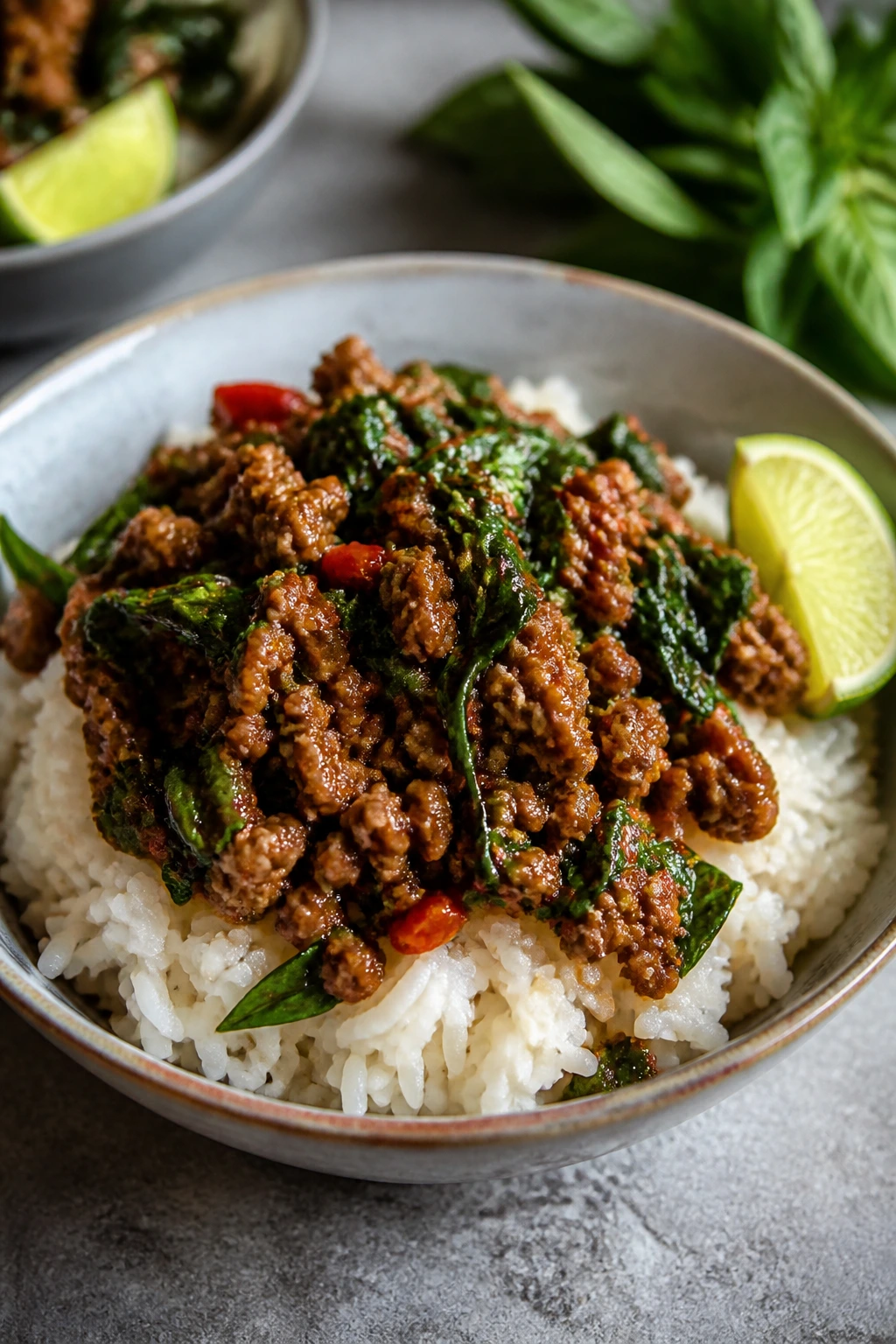Beef and Thai basil over rice in a ceramic bowl