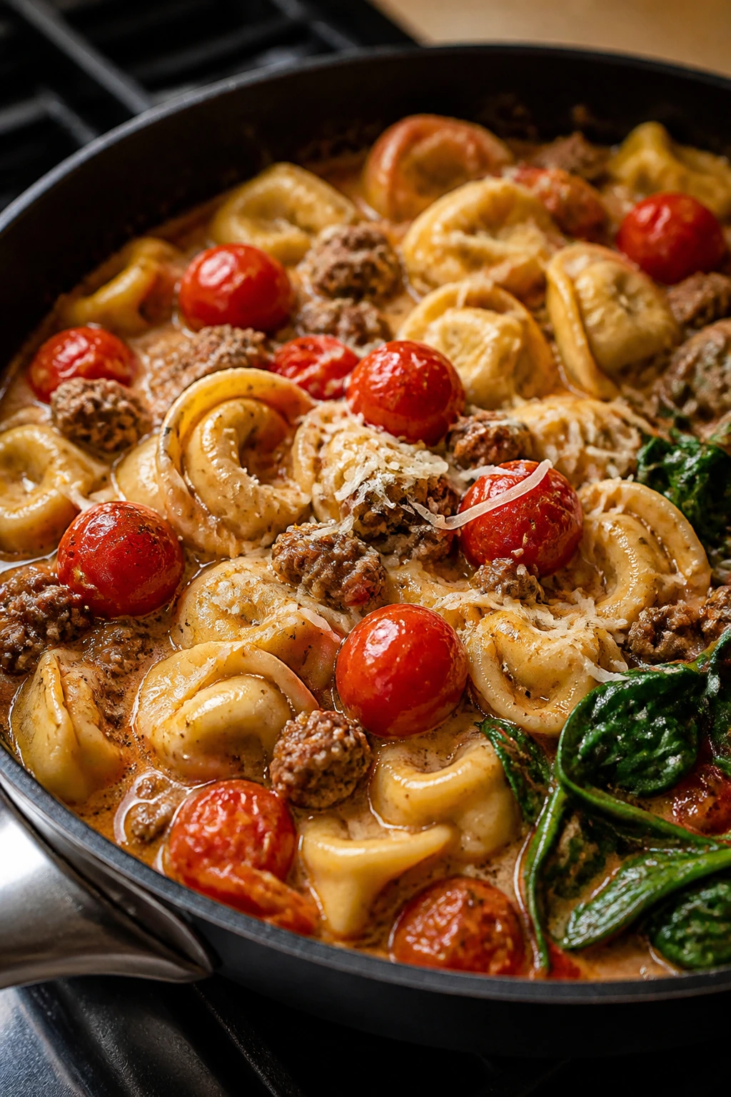 Close-up of beef, tortellini, and cherry tomatoes in a skillet