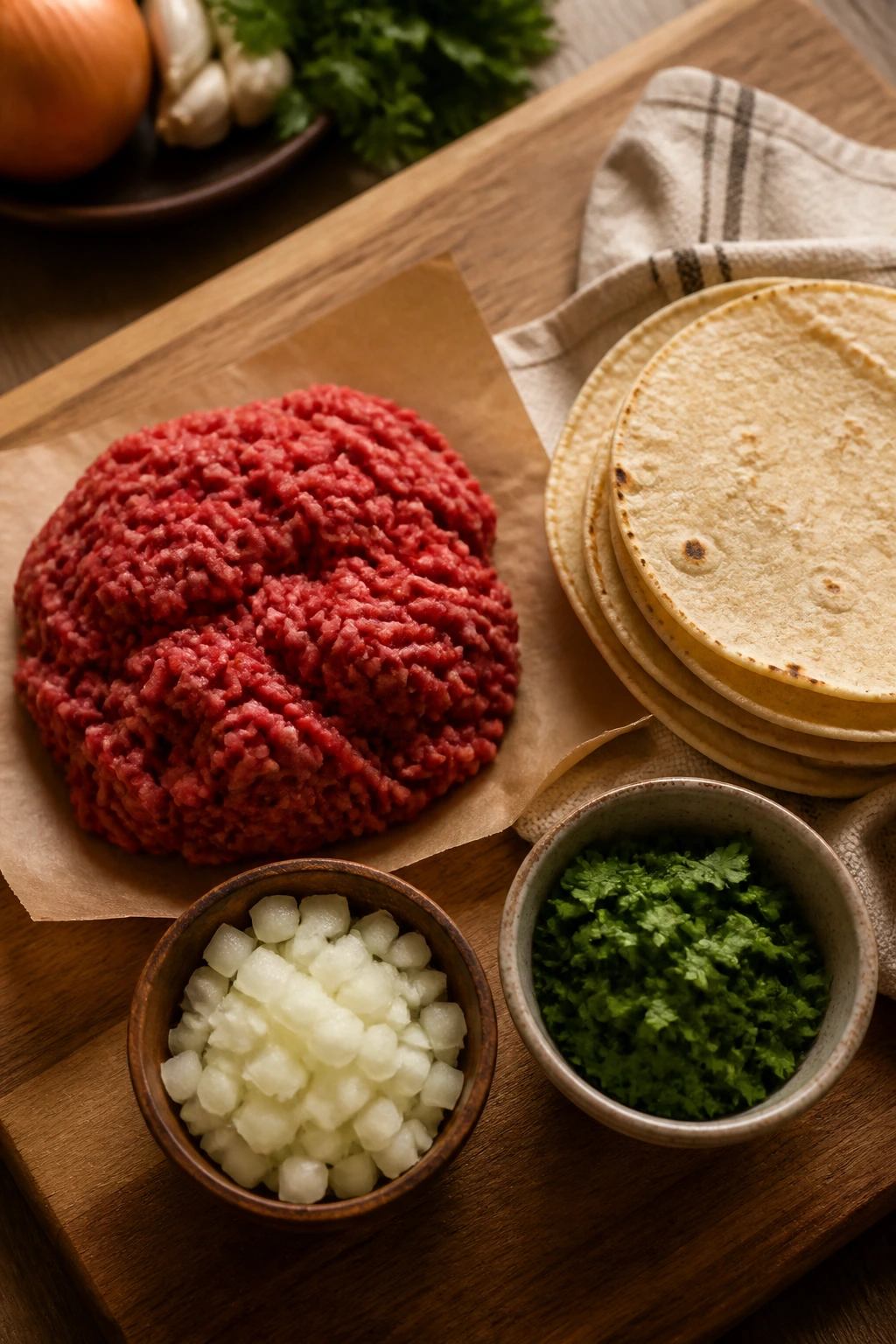 Top-down view of beef, tortillas, and toppings for tacos