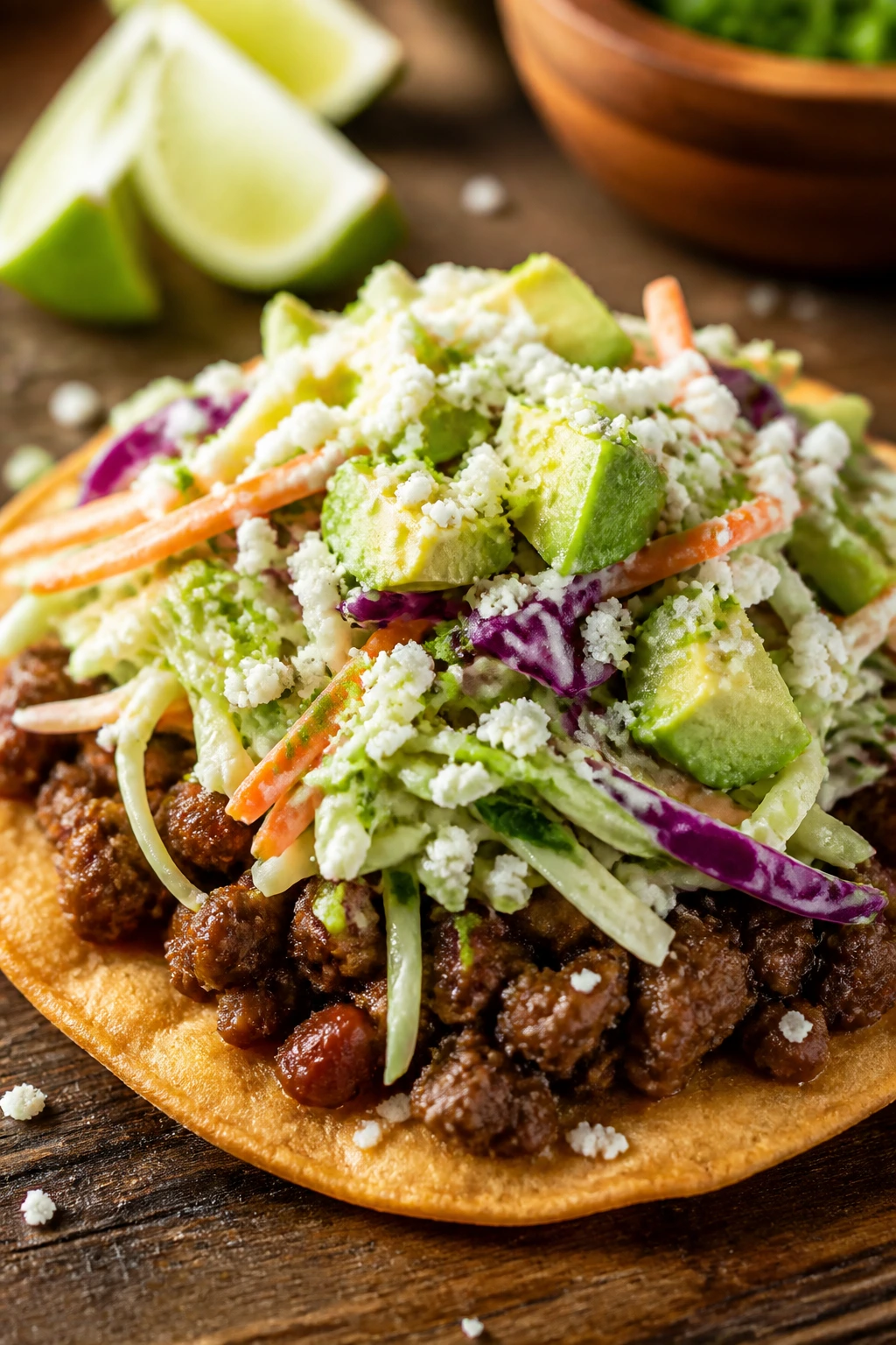 Close-up of a crispy beef tostada with avocado slaw on a wooden table