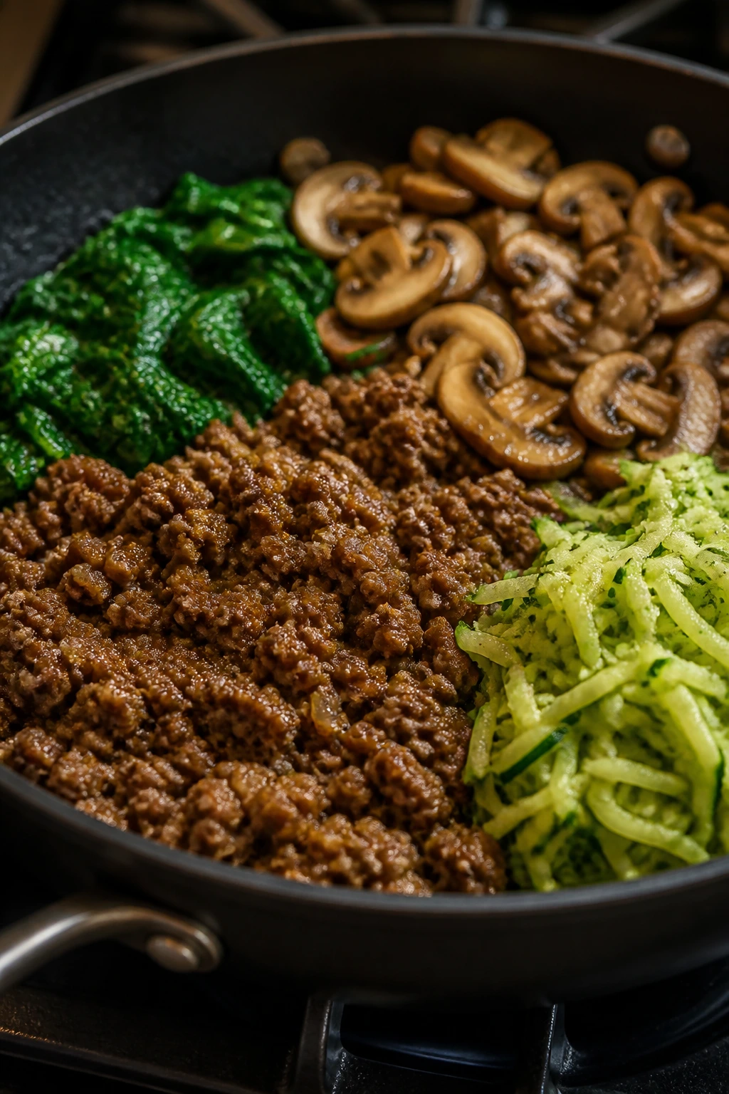 Beef skillet with mushrooms, spinach, and zucchini showing variations in one pan