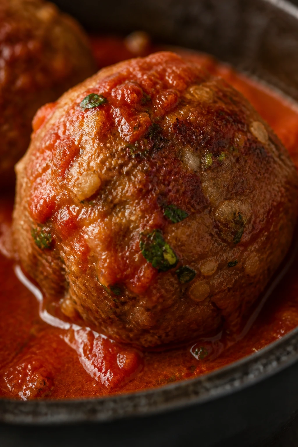 Single large meatball in tomato sauce filling the frame