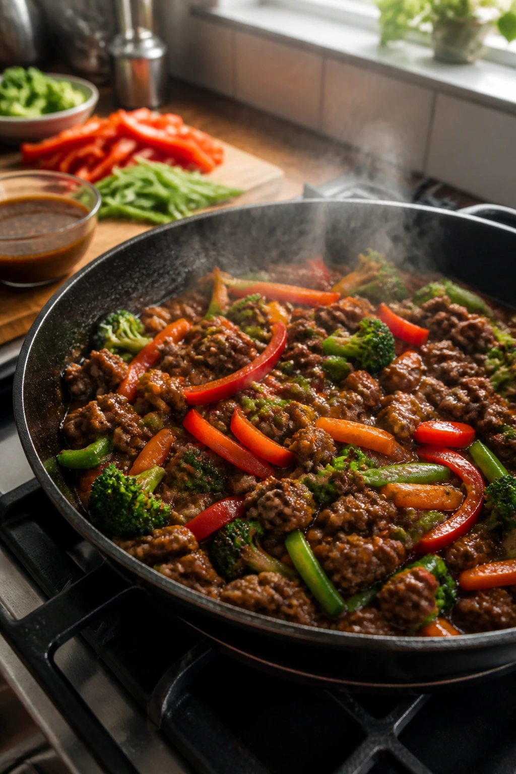 Close-up of glossy browned beef with crisp vegetables in a hot skillet