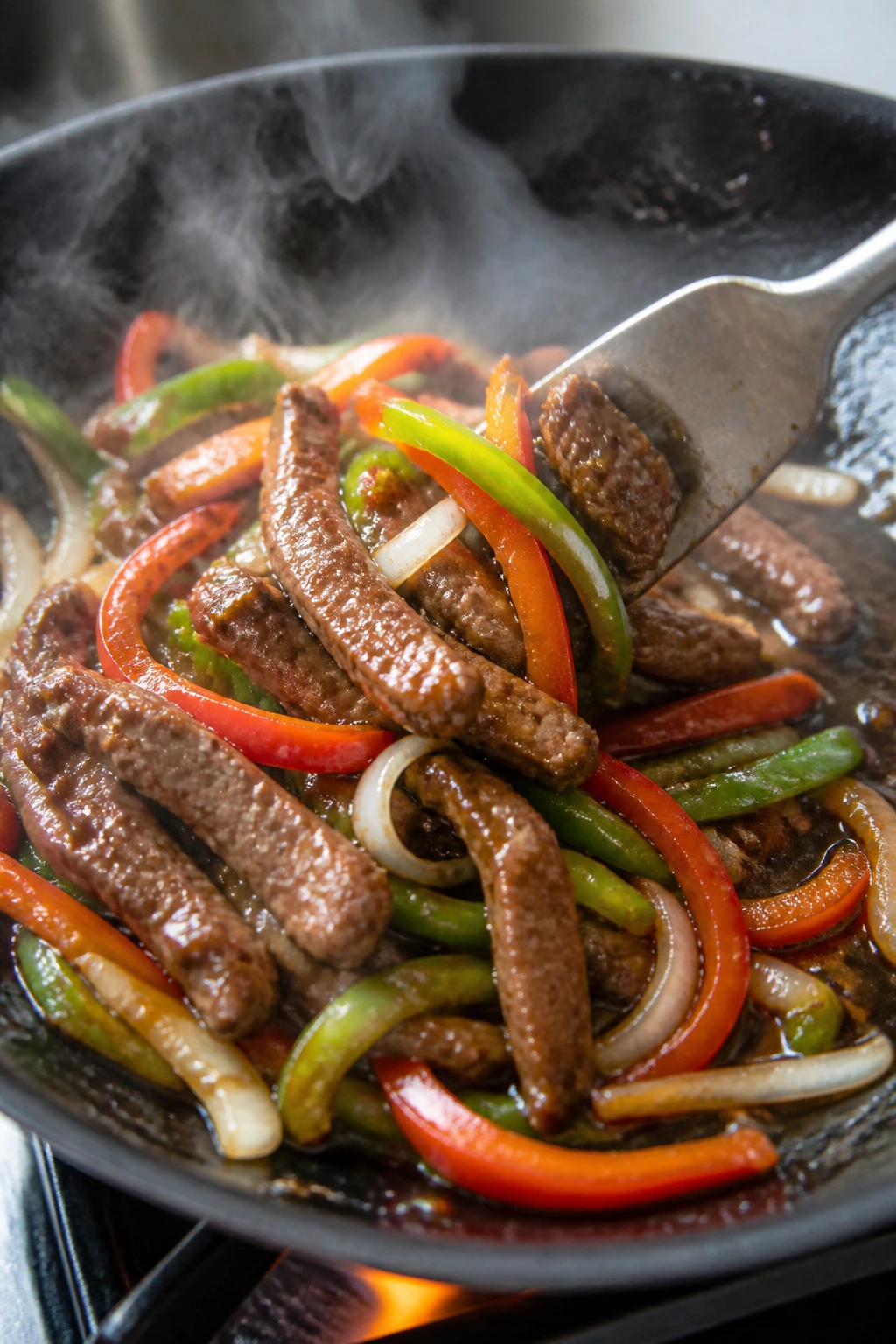 Sizzling beef and vegetables in a hot pan with thick sauce