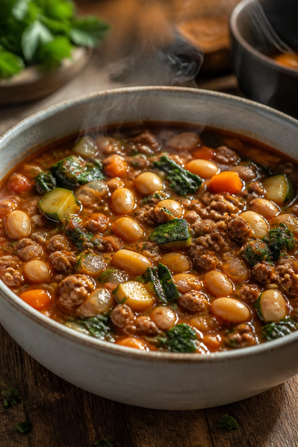 Hearty beef and white bean minestrone in a bowl with vegetables