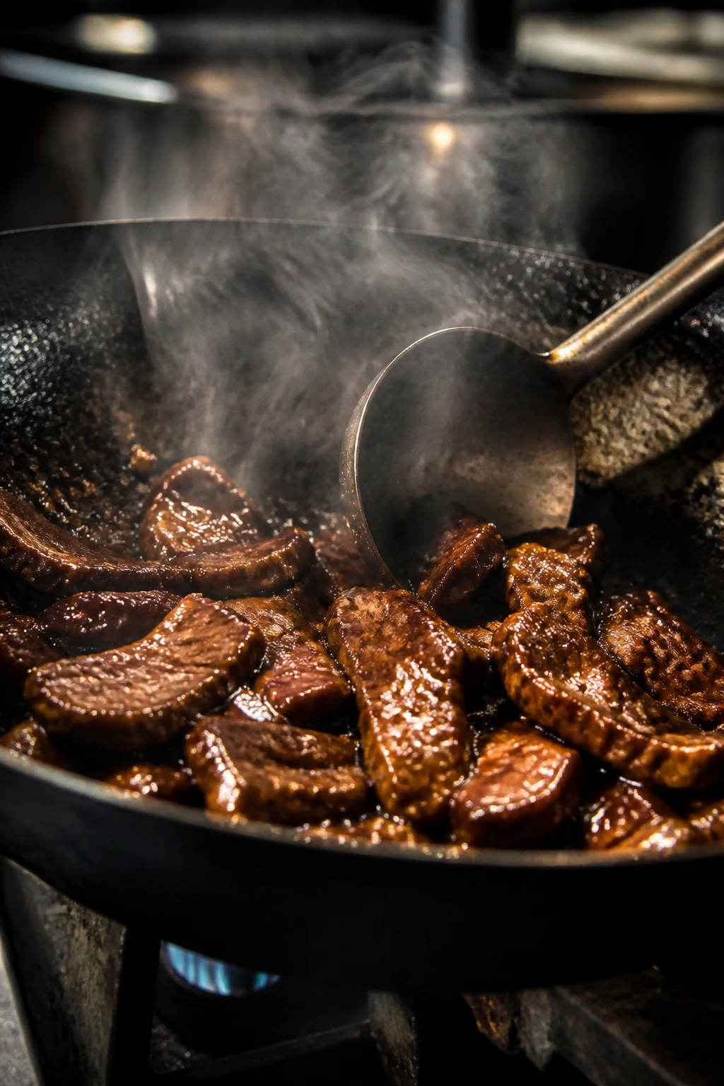 Close-up of beef searing in a wok with glossy sauce and steam