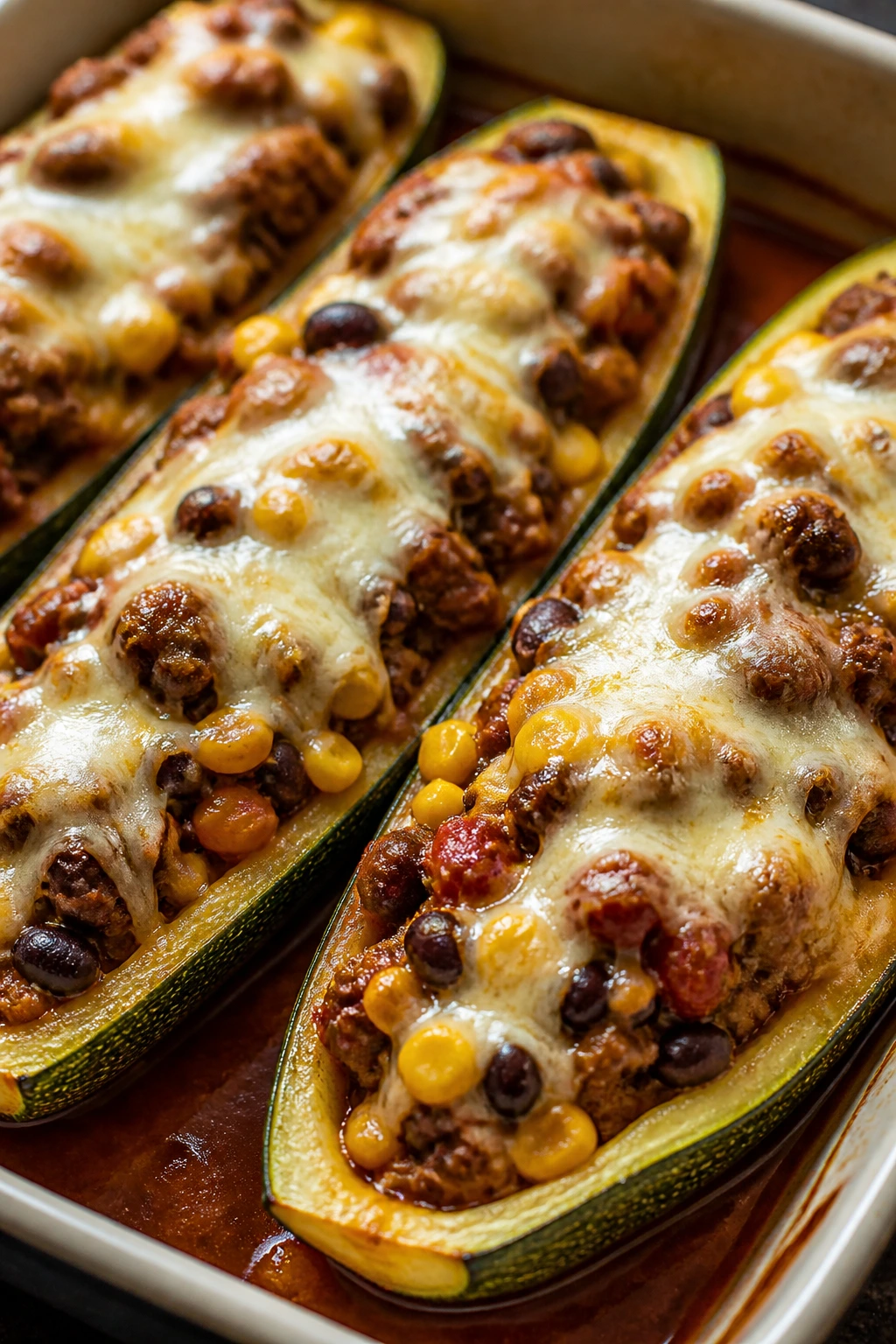Close-up of Enchilada Stuffed Zucchini with beef and melted cheese