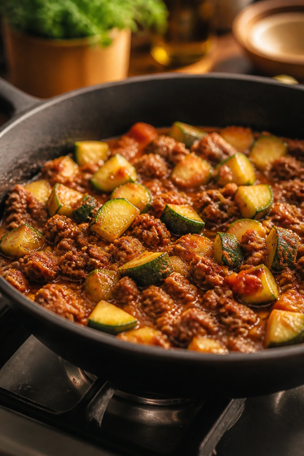 Beef and zucchini skillet with tomato paste glaze on stove