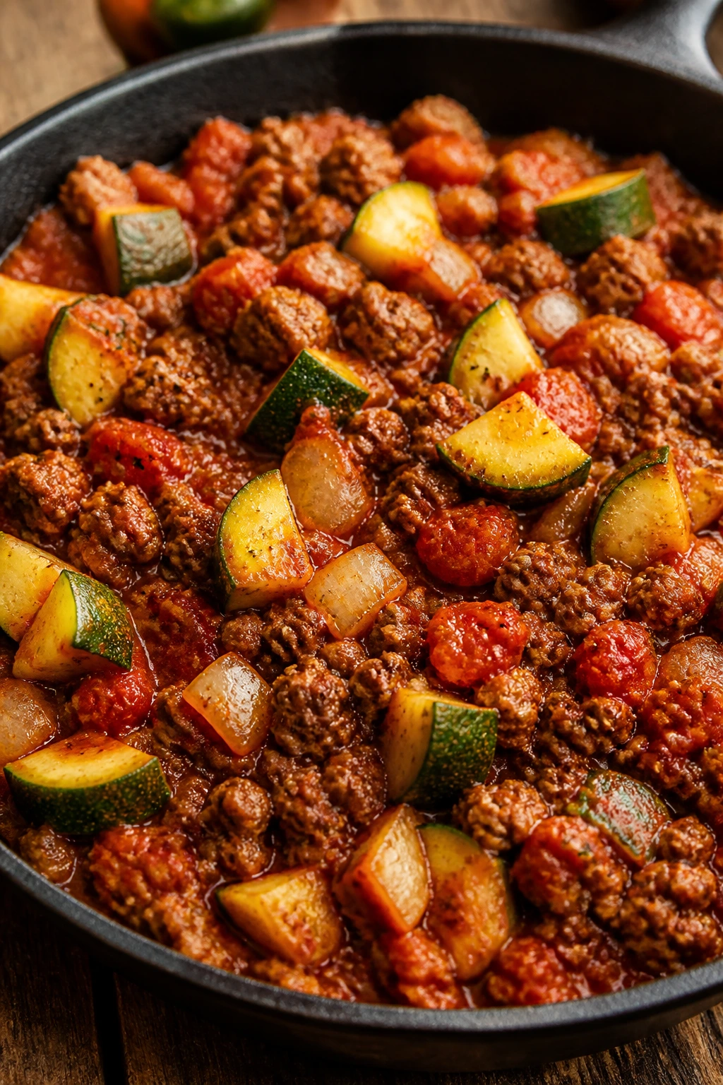 Beef and zucchini skillet filled with meat and vegetables