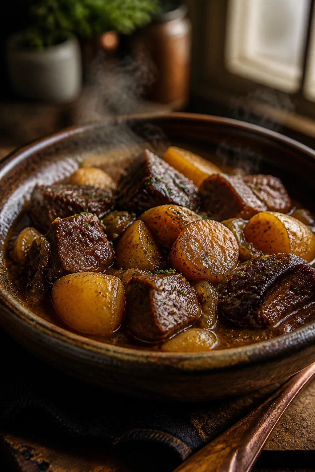 Beer-braised beef and potatoes dish in glossy sauce