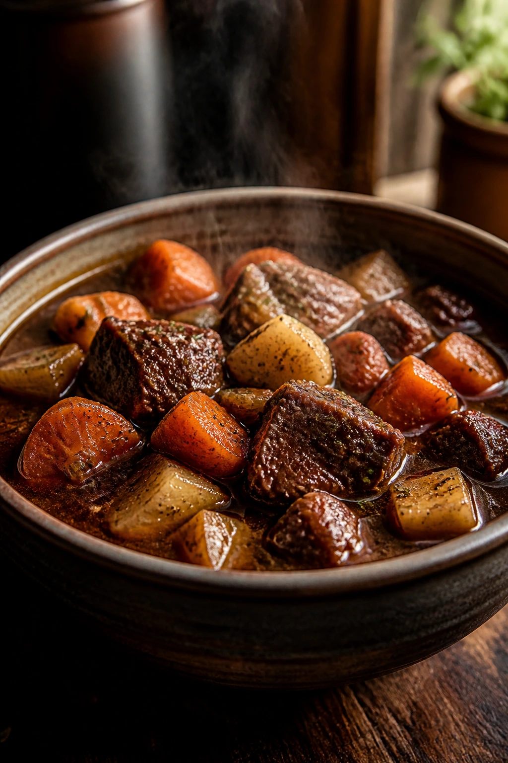Close-up of Beer-Braised Beef and Root Vegetable Stew in a rustic bowl with beef chunks and root vegetables