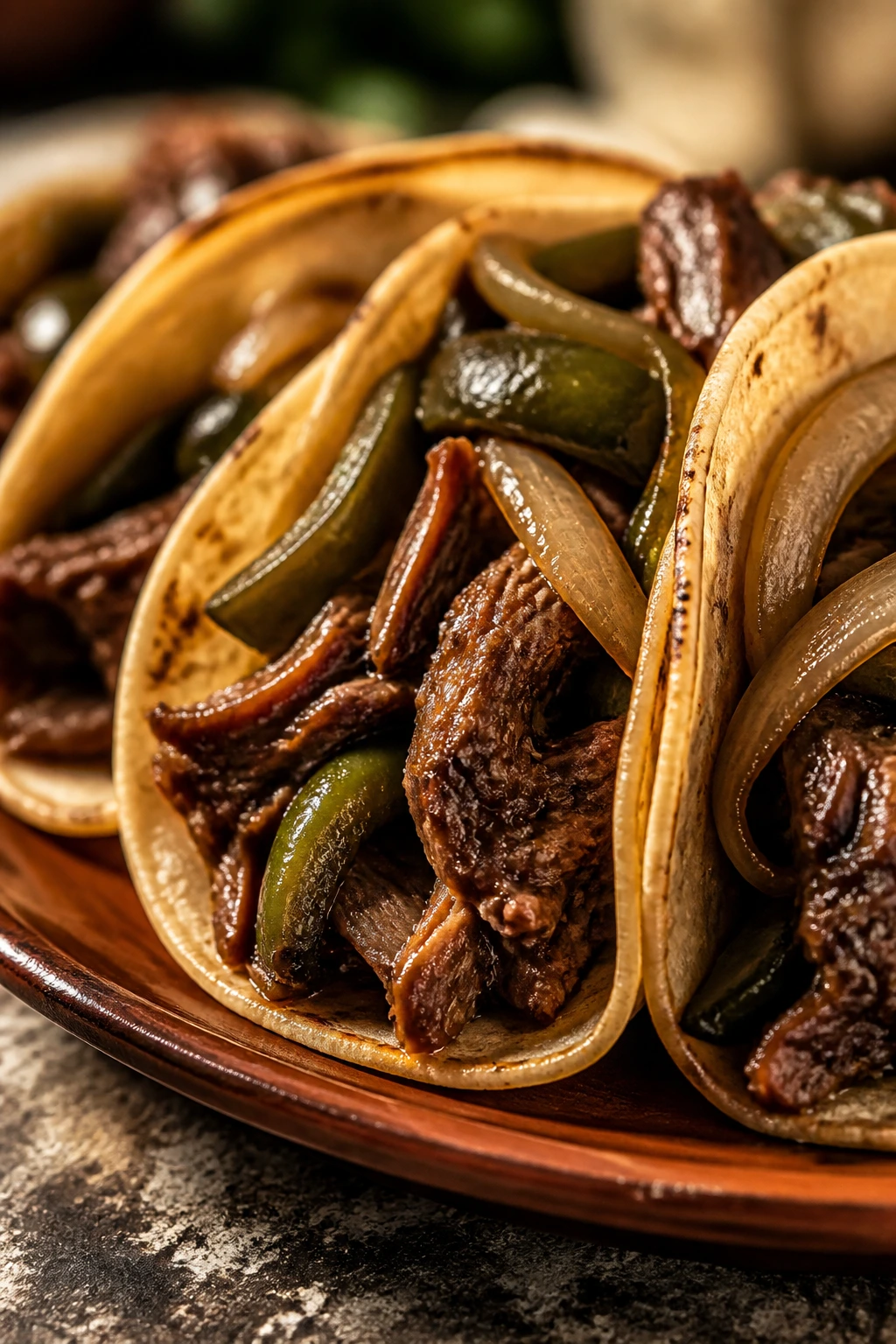 Beer-braised beef taco with peppers and onions