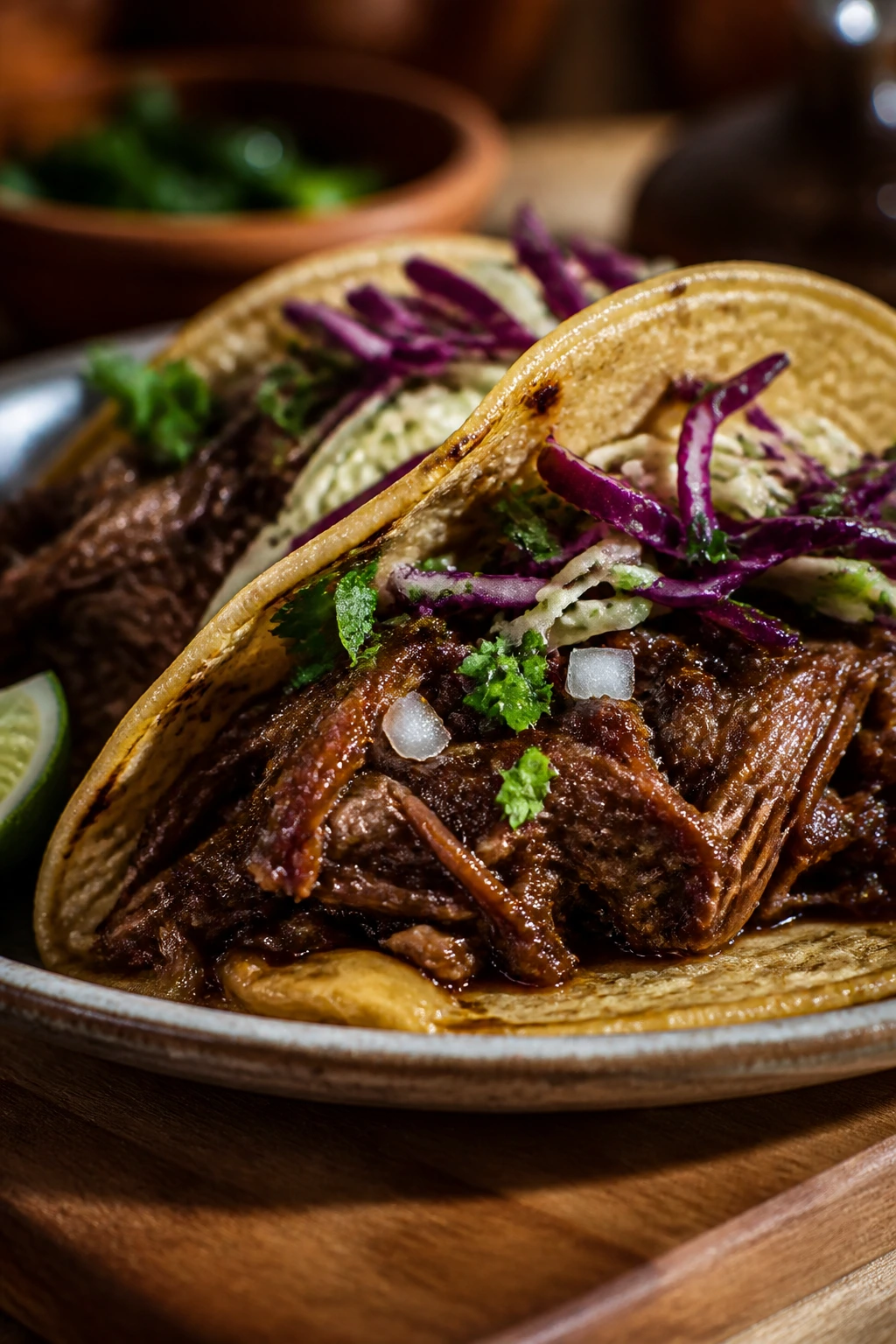 Beer-braised beef taco with dark glaze on tortilla